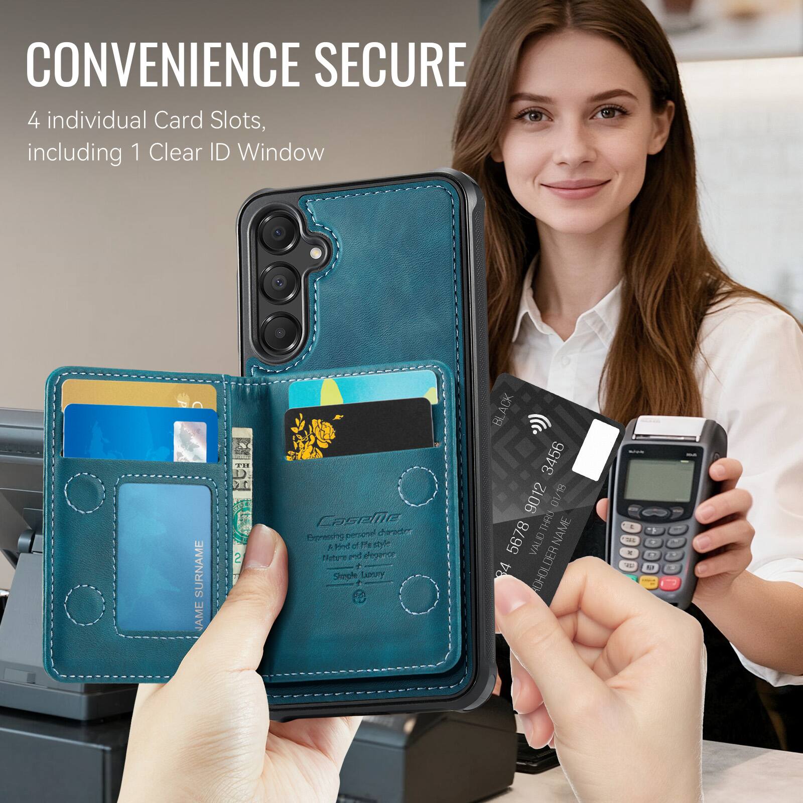 CONVENIENCE SECURE  
4 individual Card Slots, including 1 Clear ID Window  

SURNAME AME 21 2 Casele personel chirecter Expresiing A 1nd of Fe estyle md eegaeca Sheople uMur ACK BL 3456 9012 8/10 40 THRU NAME 5678 a VALID 84 ADHOLDER
