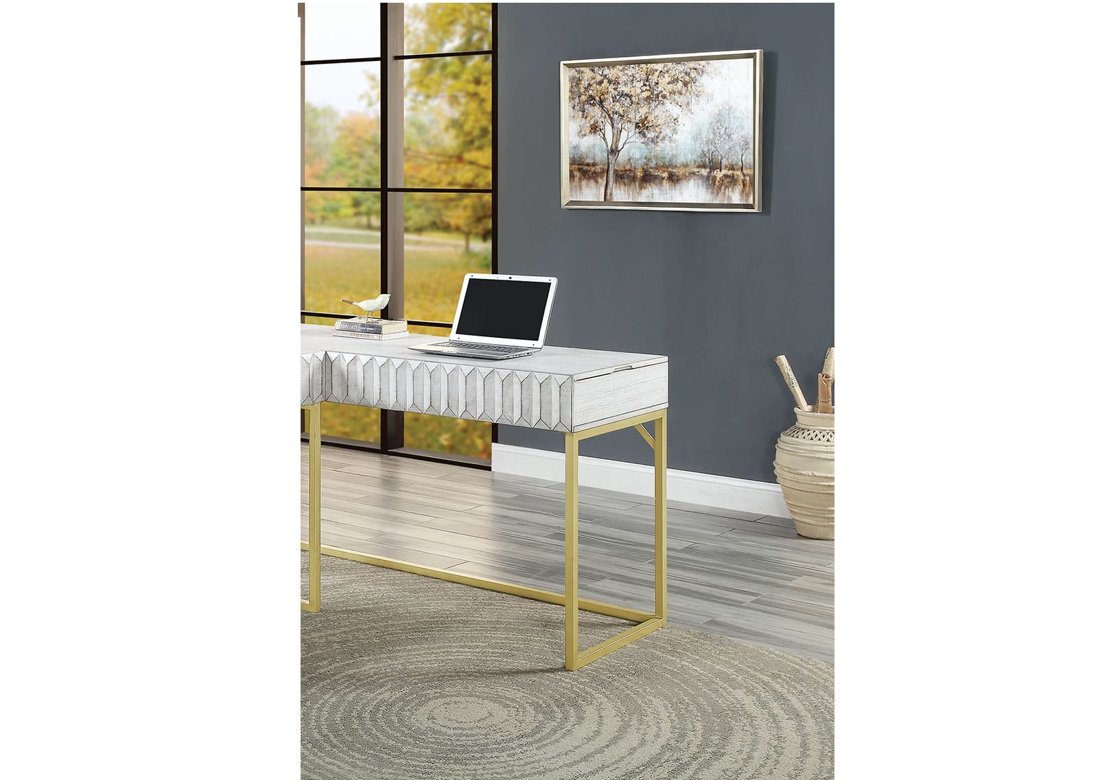 APRILSOUL - Transitional Two-tone Computer Desk USB Port Lift Top Design And Concealed Drawer - Antique White