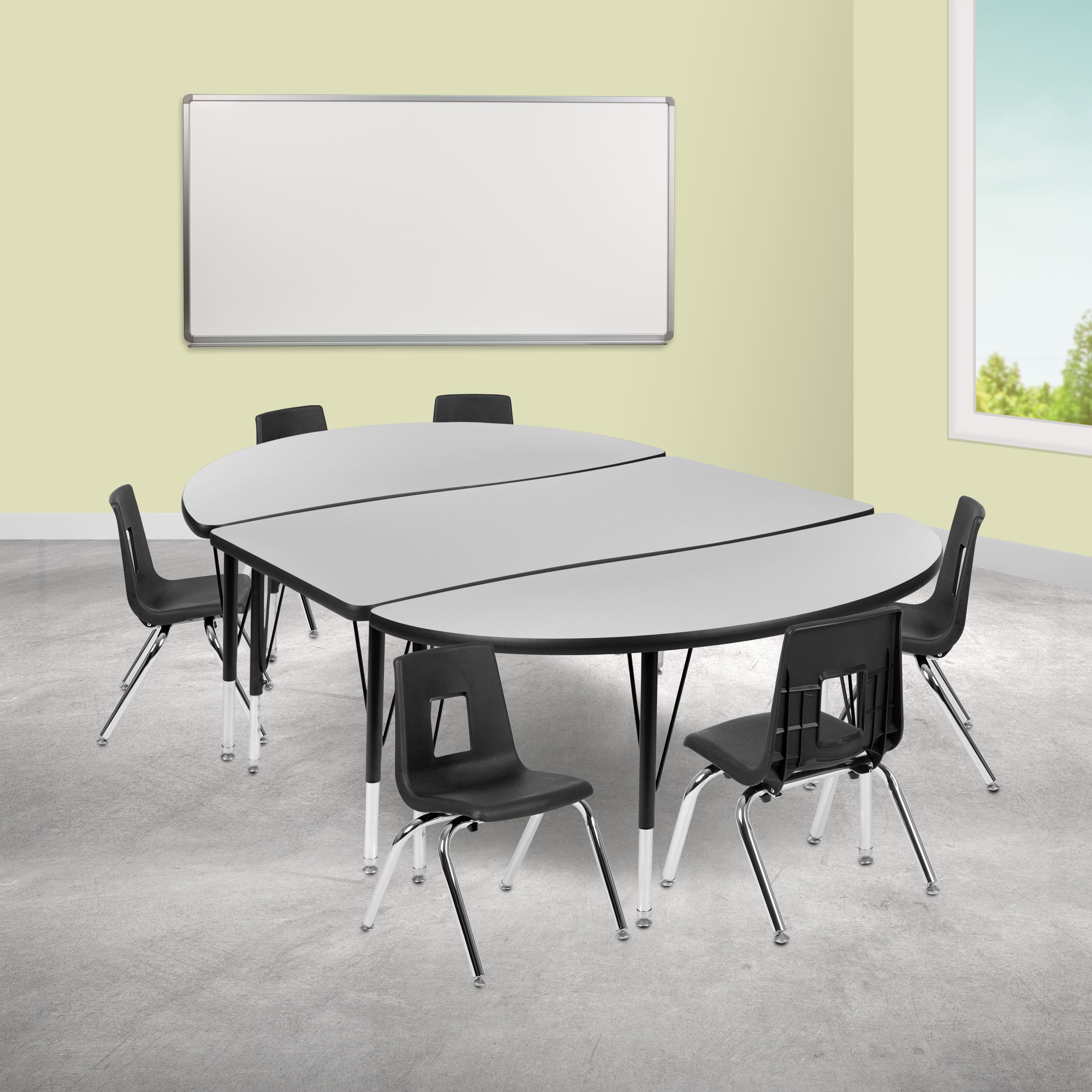 "Emma + Oliver - 76"" Oval Wave Collaborative Laminate Activity Table Set with 12"" Student Stack Chairs, Grey/Black - Gray" price history on PriceWatchPro
