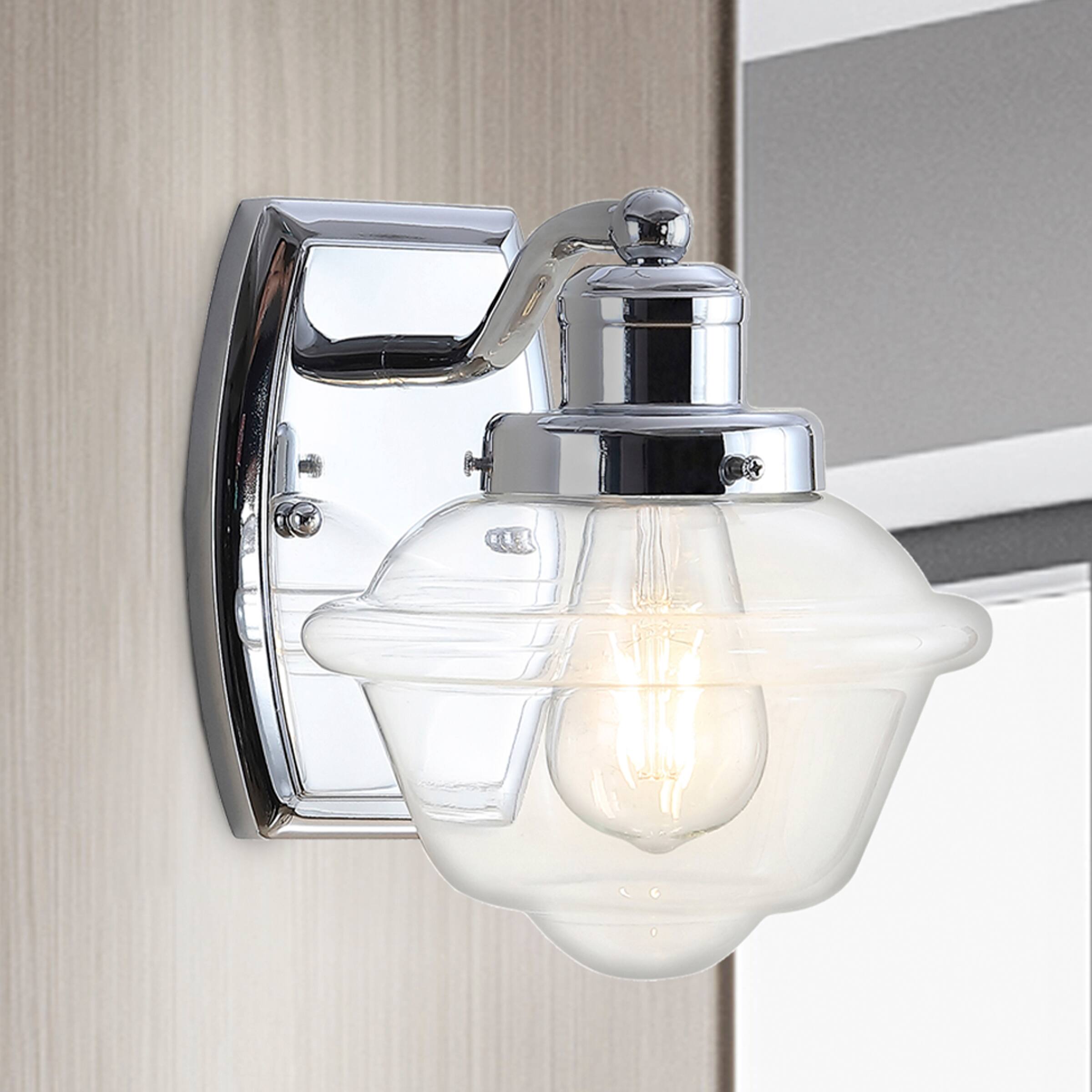 Alt View 1. Jonathan Y - Orleans 7" 1-Light Iron/Glass schoolhouse LED Vanity Light, Chrome - Chrome.
