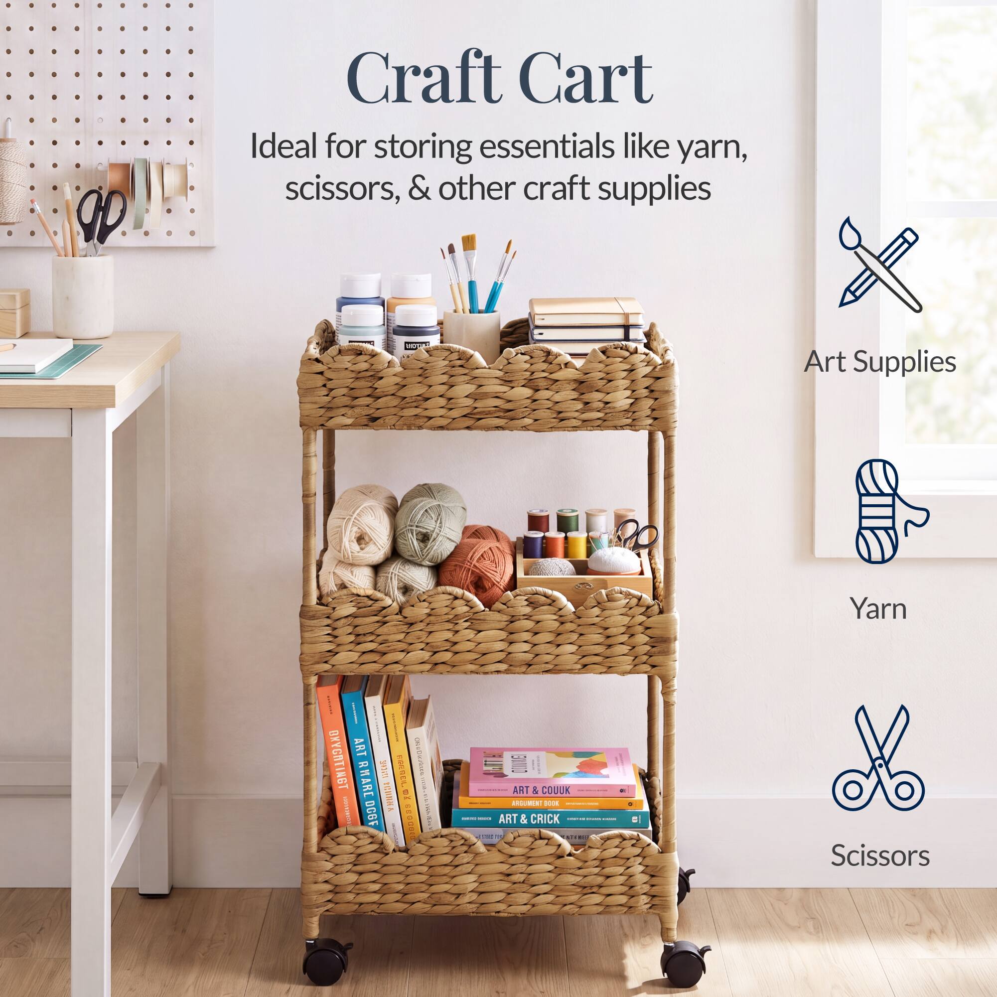 Craft Cart  
Ideal for storing essentials like yarn, scissors, & other craft supplies  

Art Supplies  
Yarn  
Scissors