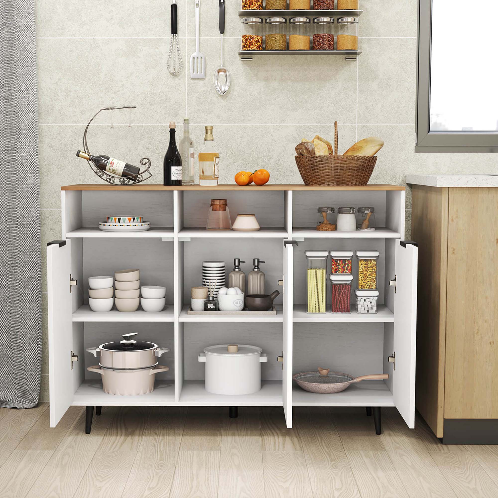 Alt View 5. Costway - Buffet Sideboard with 3 Open Compartments 3 Doors 5-Posistion Adjustable Shelves - White.