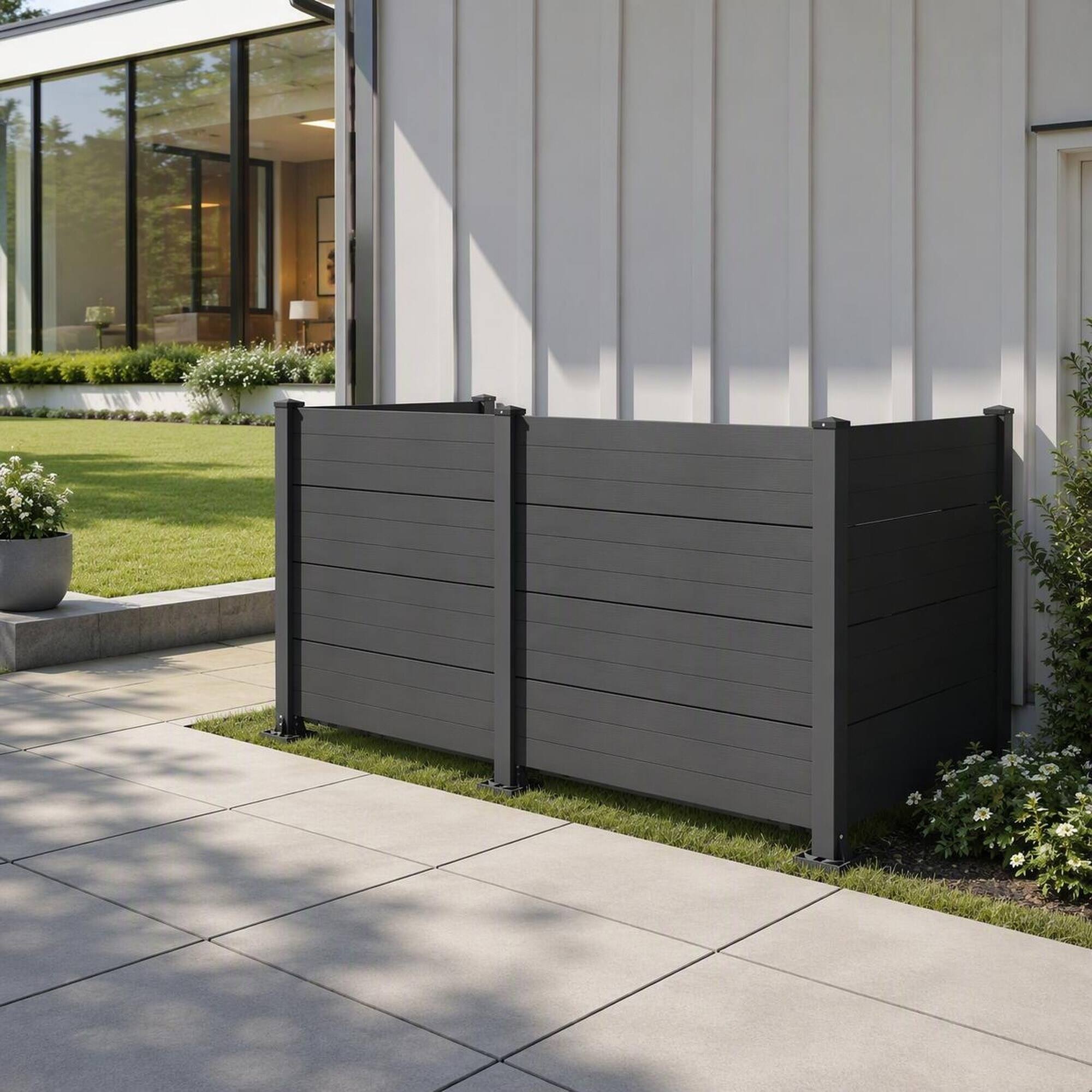 Angle. RYHNUYNE - All-Weather Vinyl Outdoor Privacy Screen Set with Aluminum Posts for Air Conditioner or Trash Can Enclosure, 4 - DARK GREY.