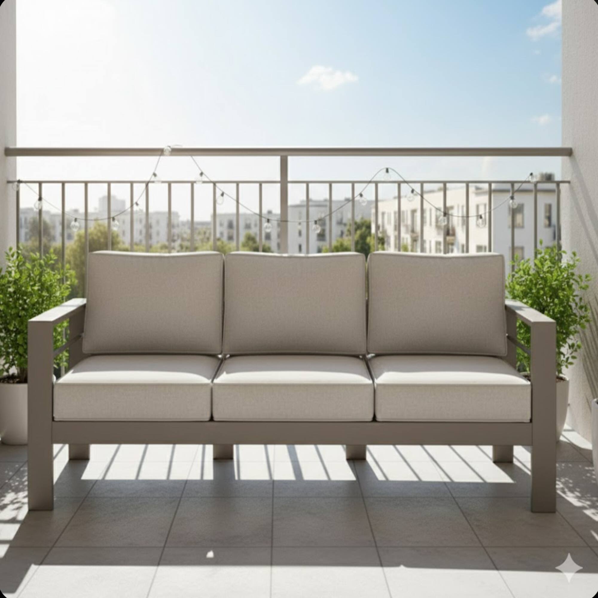 Angle. Mondawe - 75" 3-Seat Metal Patio Sofa Couch with Cushions - Light Khaki+Beige.