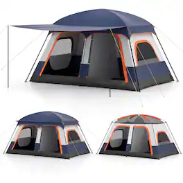Costway - 4-6 Person Camping Tent with Porch & 2 Rooms, 2 Doors, Rainfly, Mesh Windows - Blue