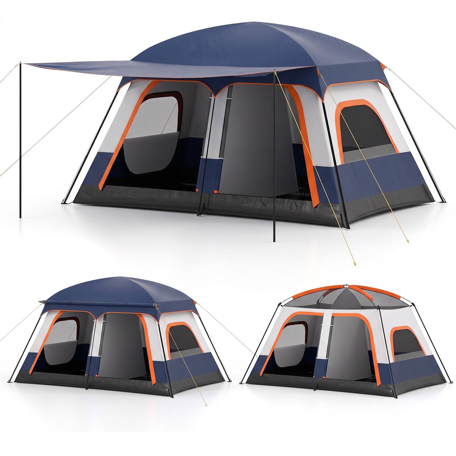 Front. Costway - Costway 4-6 Person Camping Tent with Porch & 2 Rooms, 2 Doors, Rainfly, Mesh Windows - Blue.