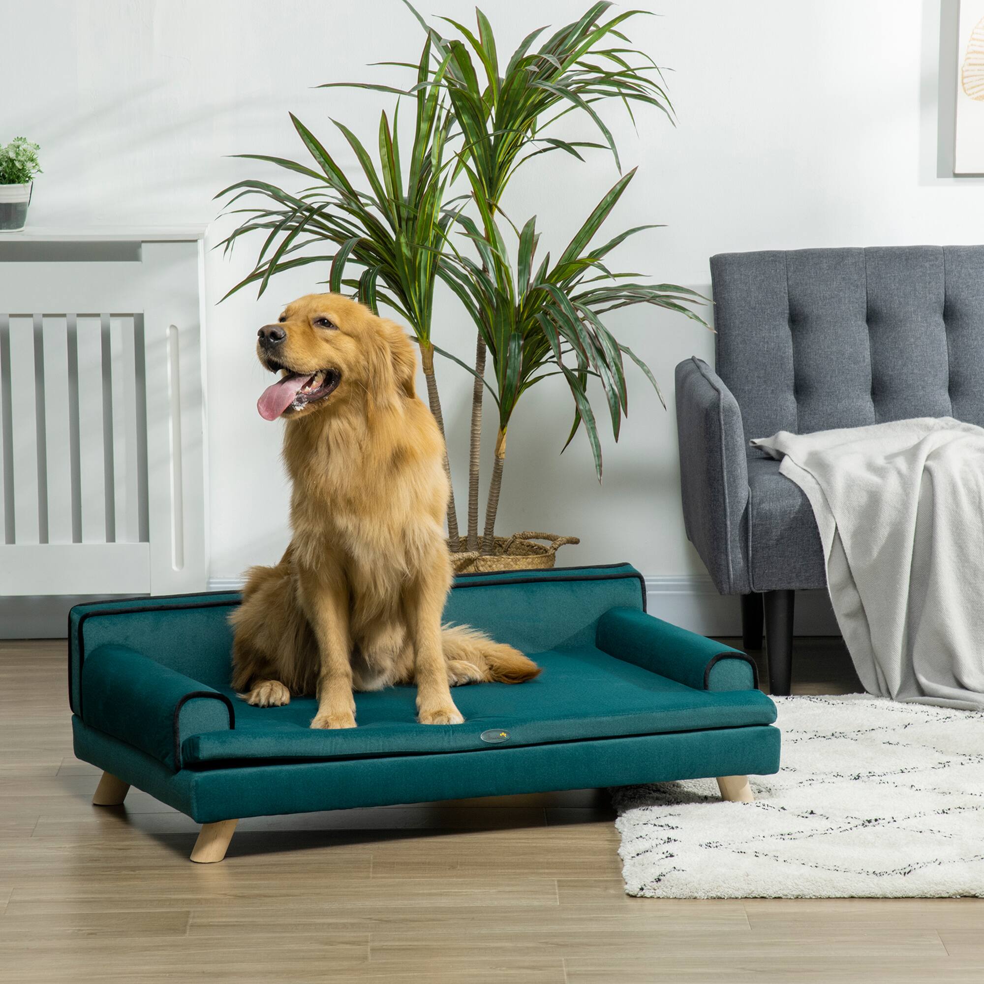 Angle. Pawhut - Dog Sofa, Dog Couch with Washable Cover, Wooden Legs, Elevated Dog Bed for Medium & Large Dogs - Teal.