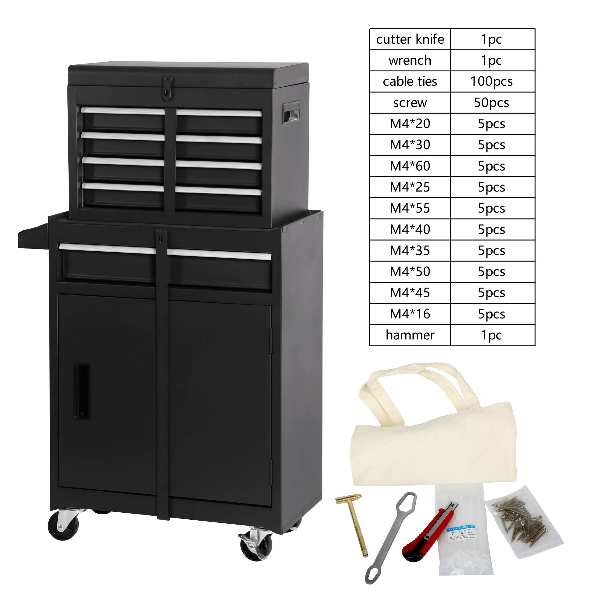 - cutter knife: 1pc
- wrench: 1pc
- cable ties: 100pcs
- screw: 50pcs
- M4*20: 5pcs
- M4*30: 5pcs
- M4*60: 5pcs
- M4*25: 5pcs
- M4*55: 5pcs
- M4*40: 5pcs
- M4*35: 5pcs
- M4*50: 5pcs
- M4*45: 5pcs
- M4*16: 5pcs
- hammer: 1pc