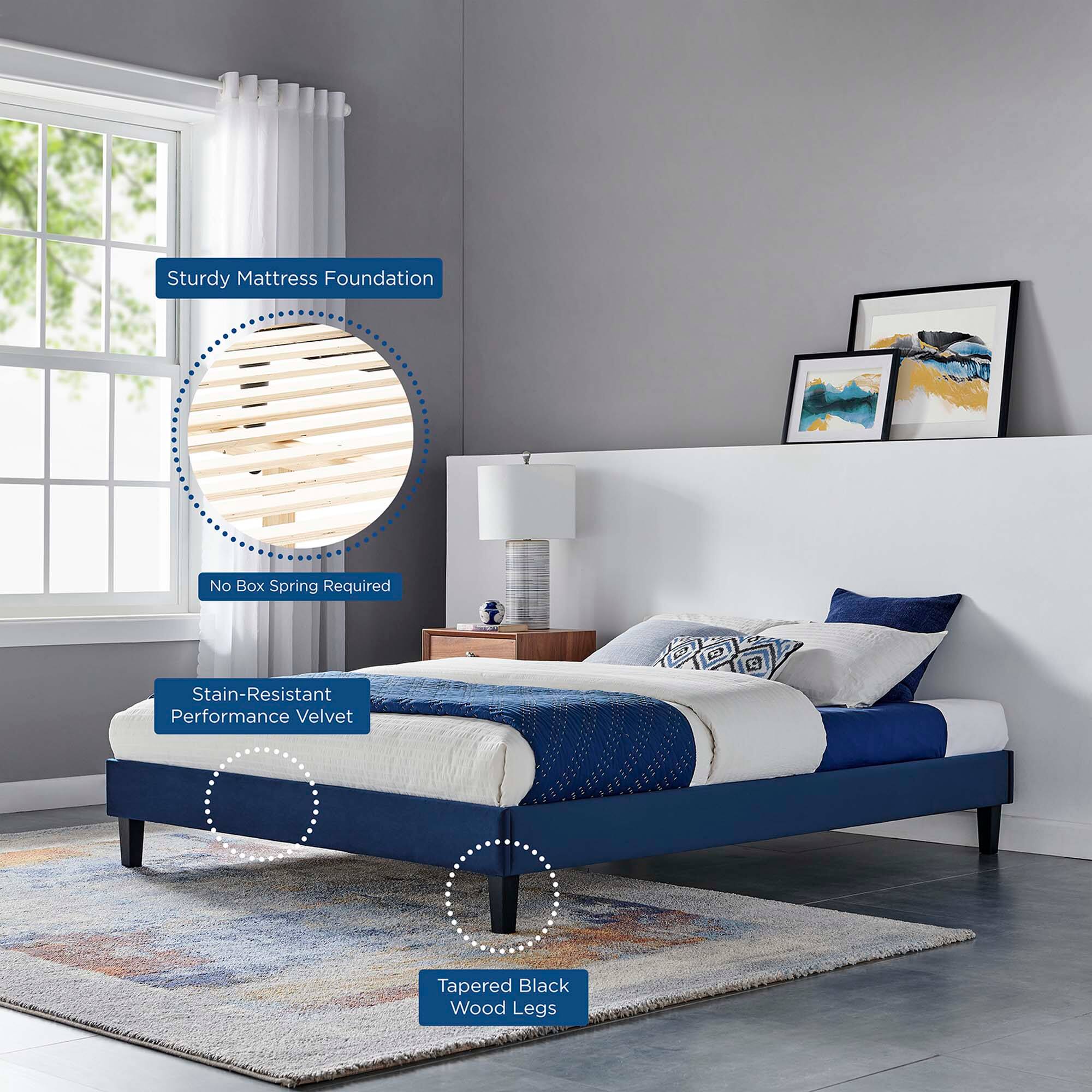 - Sturdy Mattress Foundation
- No Box Spring Required
- Stain-Resistant Performance Velvet
- Tapered Black Wood Legs