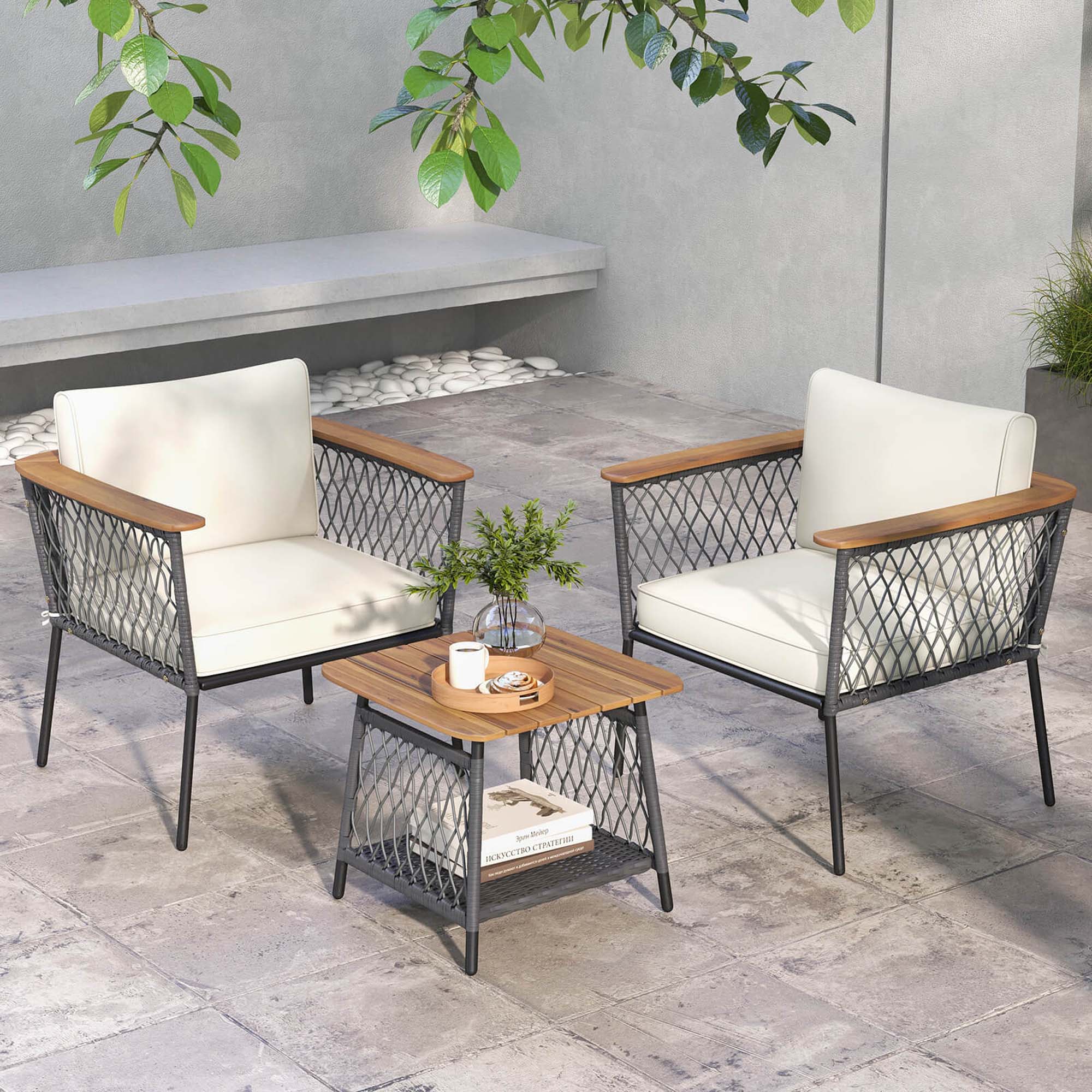 I cannot group or correct the text as it does not seem to be related to the image. The image shows a patio setting with two chairs, a table, and a potted plant.