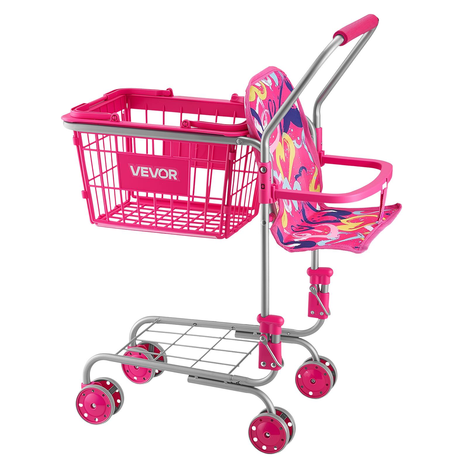 Alt View 5. VEVOR - Shopping Cart for Kids, Sturdy Metal Frame, Toy Shopping Cart with Baby Doll, 4 Rolling Wheels, Doll Seat Carrier - Pink.