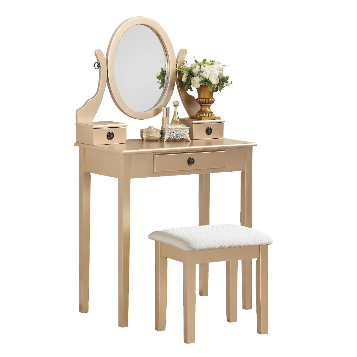 Back. Loheer - Loheer Gold Makeup Vanity Set with Stool, Wood Table and Adjustable Oval Mirror - Gold.
