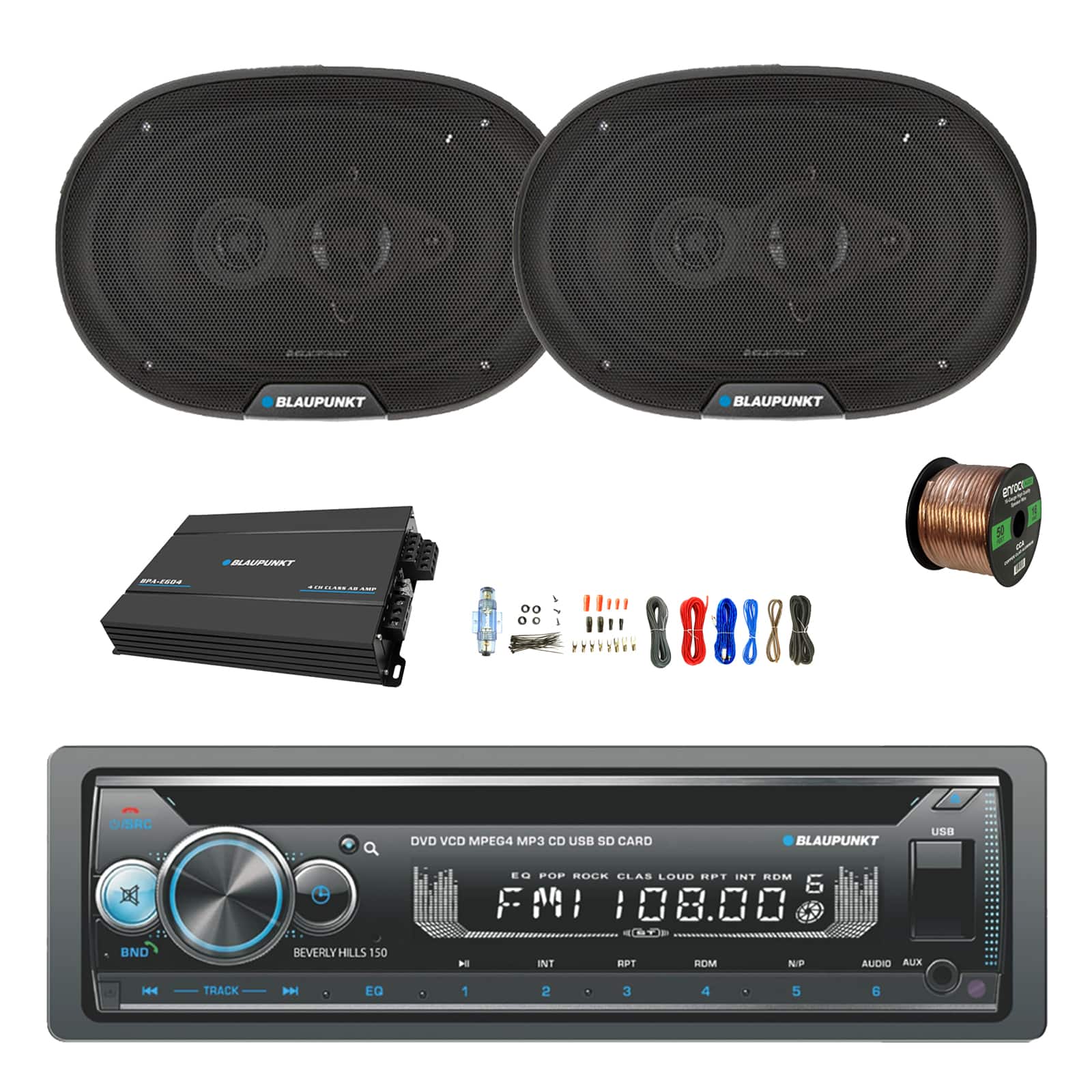 Blaupunkt - Beverly Hills 150 Single DIN Bluetooth DVD/CD Receiver, Amplifier w/Kit, 2x 6x9" 70W Car Speakers w/ Wire
