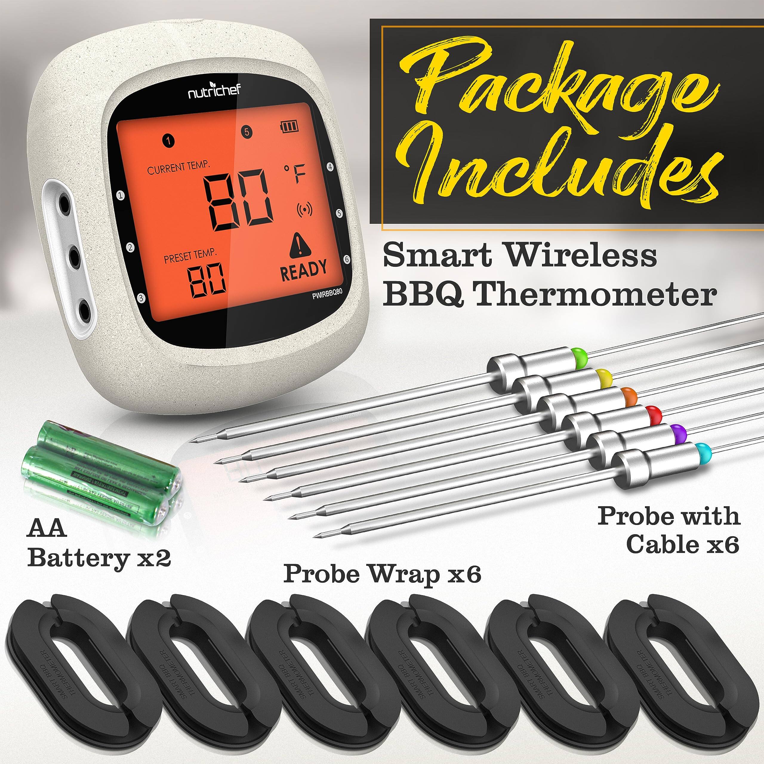 Package Includes

Smart Wireless BBQ Thermometer

- AA Battery x2
- Probe Wrap x6
- Probe with Cable x6