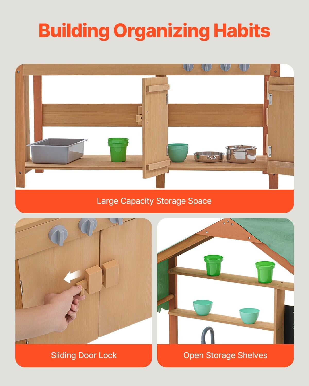 Building Organizing Habits

- Large Capacity Storage Space
- Sliding Door Lock
- Open Storage Shelves