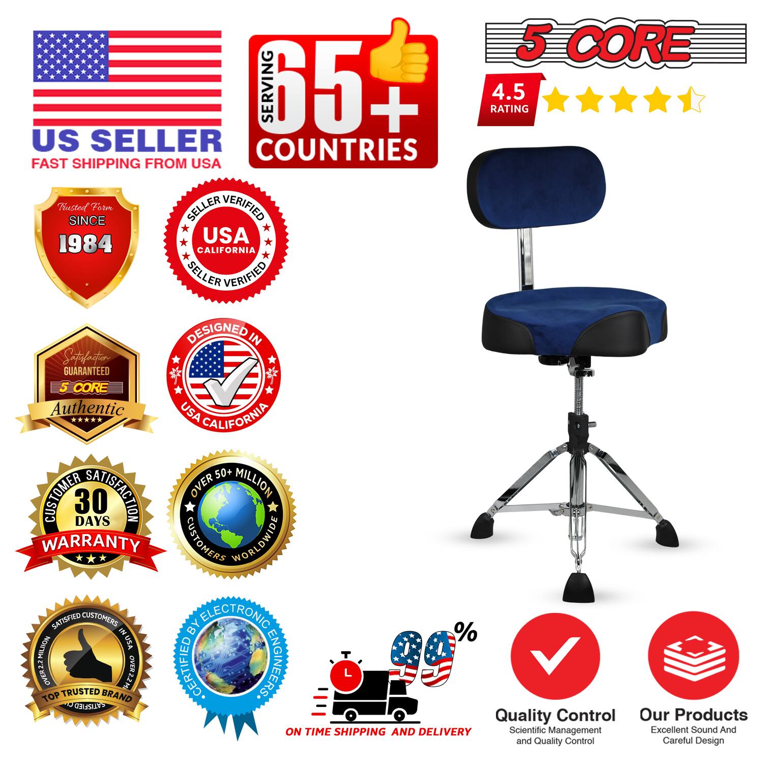 Sure, here is the corrected and grouped text from the image:

---

**US SELLER**  
FAST SHIPPING FROM USA

**5 CORE**  
4.5 RATING

**SINCE 1984**  
TRUSTED SINCE 1984

**USA CALIFORNIA**  
SELLER VERIFIED

**DESIGNED IN**  
USA CALIFORNIA

**5 CORE**  
Authentic

**30 DAYS WARRANTY**

**OVER 50+ MILLION**  
CUSTOMERS WORLDWIDE

**TOP TRUSTED BRAND**  
SATISFIED CUSTOMERS

**65+ COUNTRIES**  
SERVING

**QUALITY CONTROL**  
Scientific Management and Quality Control

**ON TIME SHIPPING AND DELIVERY**

**OUR PRODUCTS**  
Excellent Sound And Careful Design

**SATISFACTION GUARANTEED**

**CERTIFIED BY ELECTRONIC ENGINEERS**

**% NOWYM VSONA OVERZZM**  
(Not clear, possibly a placeholder or error)

**HESRIVO**  
(Not clear, possibly a placeholder or error)

---

This text is grouped and corrected to reflect the information presented in the image.