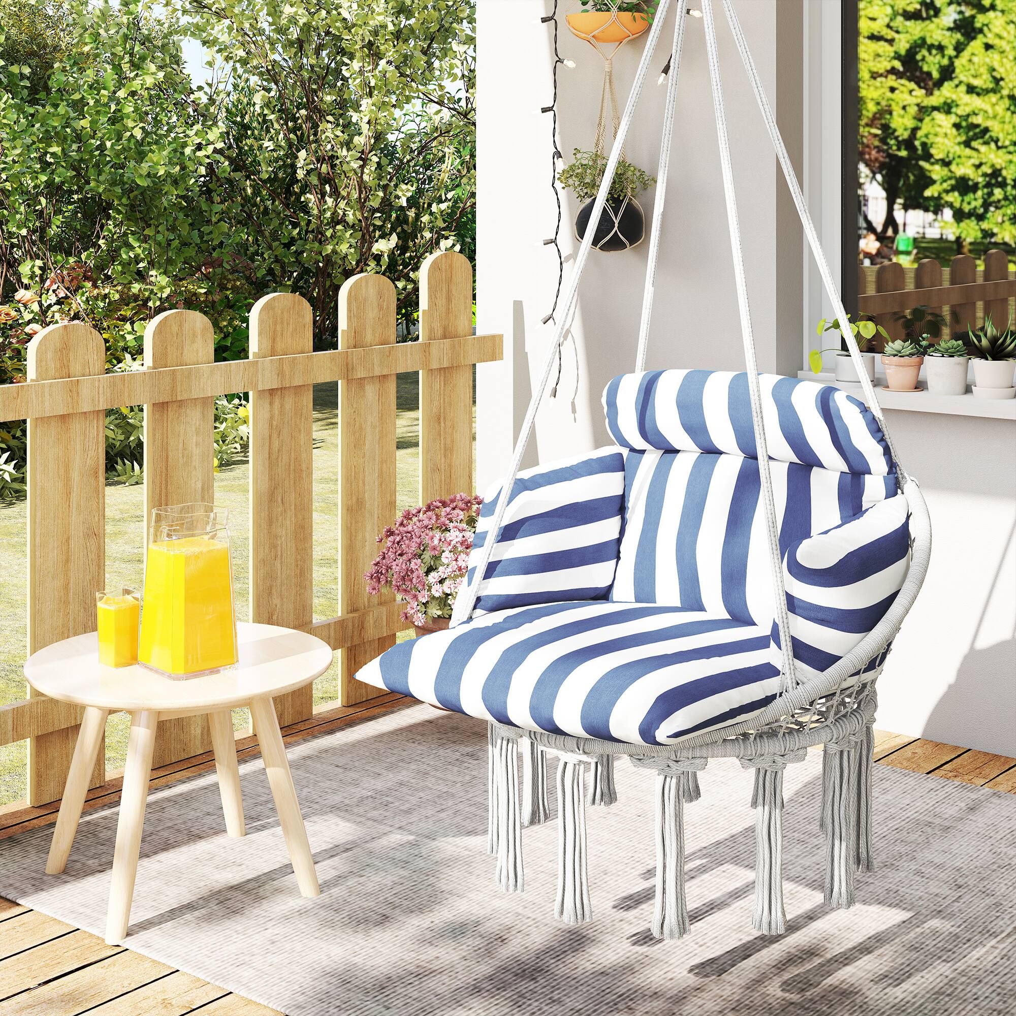 Alt View 8. Outsunny - Swing Chair, Macrame Hanging Chair with Large Cushion, Chain, Steel Frame for Indoor Outdoor Use - Blue and White.