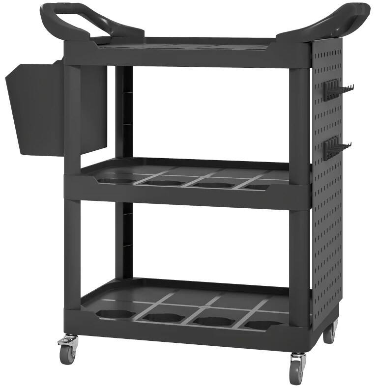 Angle. HOMLUX - 39.00 in. W 3-Tier Rolling Tool Cart Capacity Plastic Utility Cart with Side Shelf and Storage Bucket - Black.