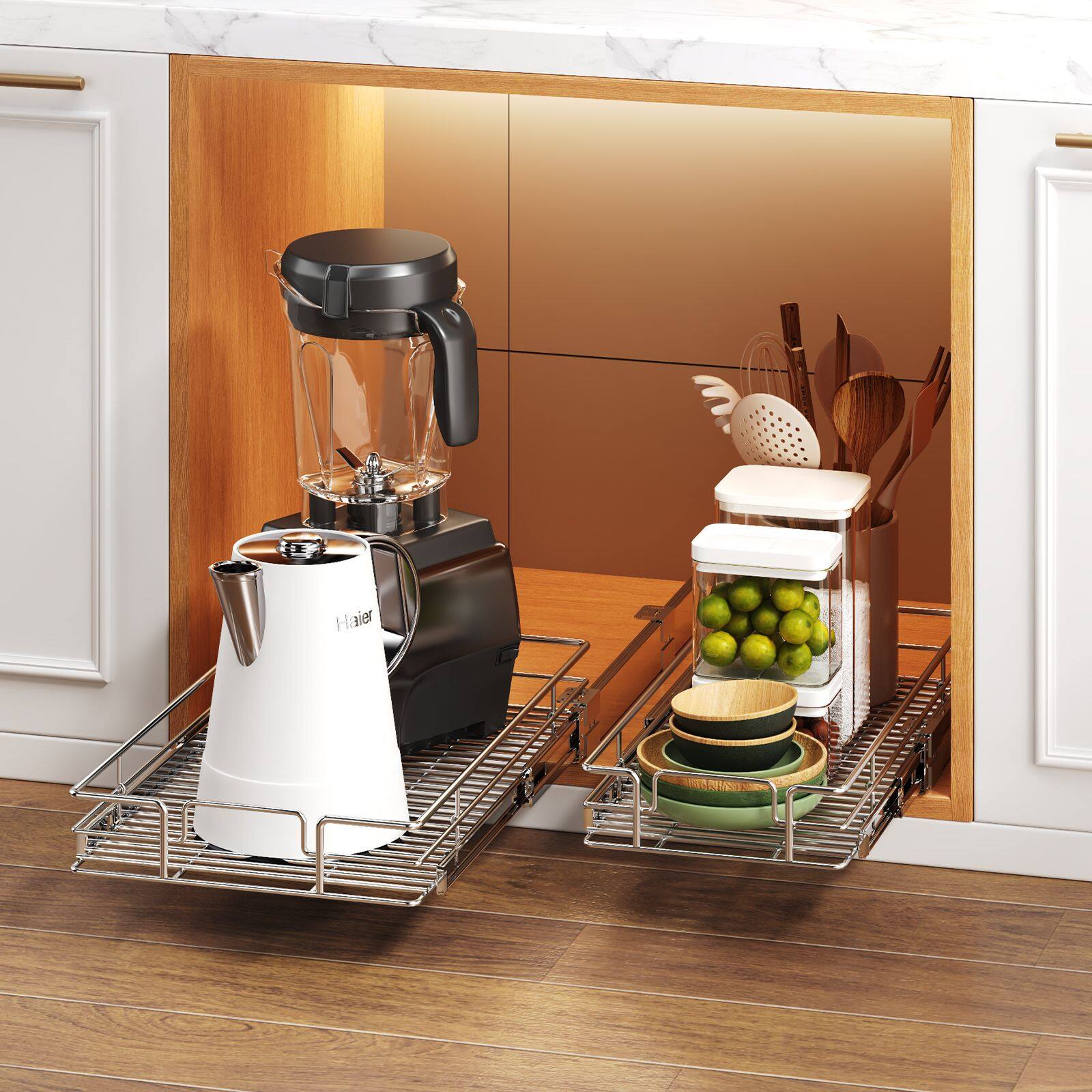 Alt View 5. LOVMOR - Pull Out Cabinet Organizer and Storage 11.5in W x 21.5in D Slide Out Shelves for Kitchen Cabinets - Silver.