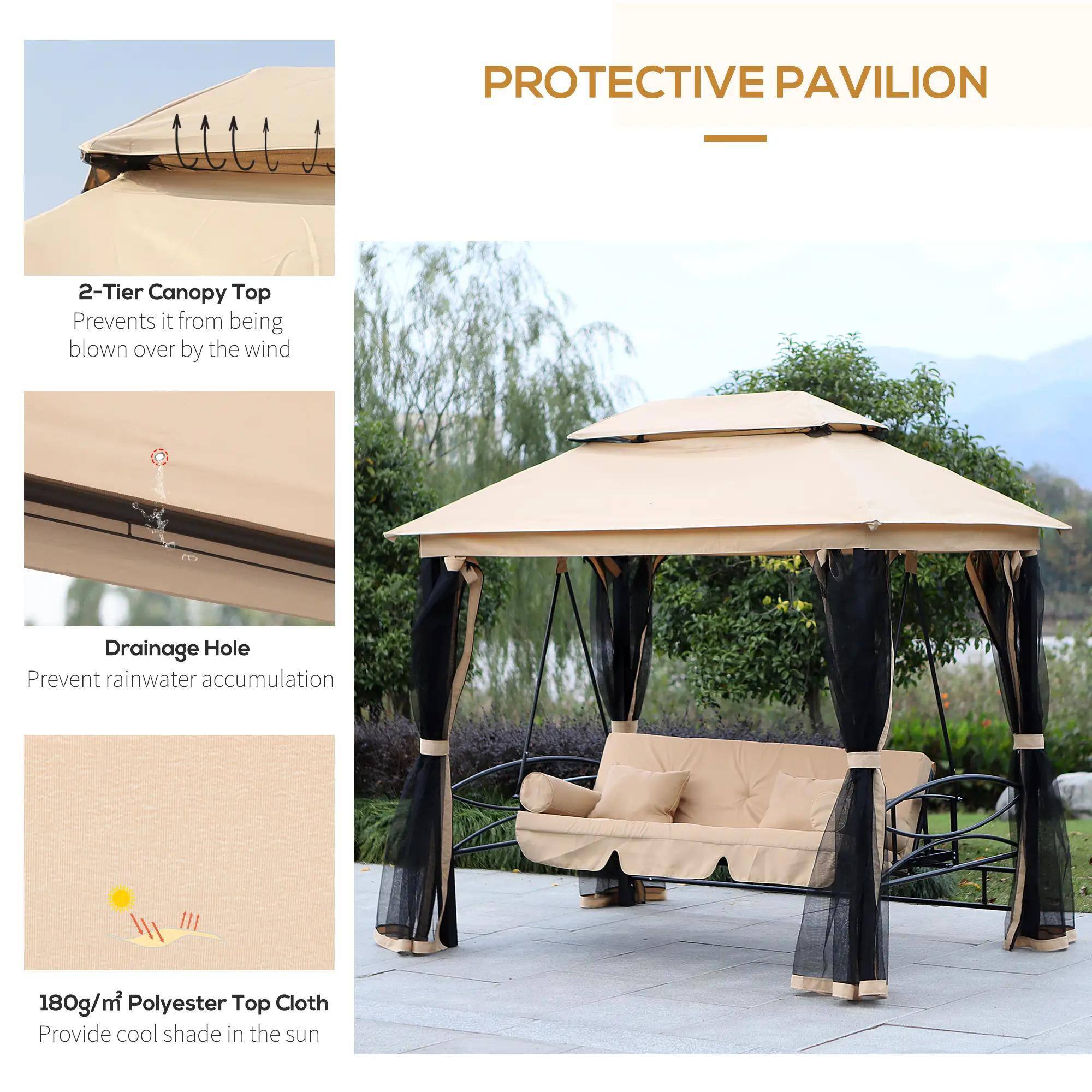 **Protective Pavilion**

- **2-Tier Canopy Top**: Prevents it from being blown over by the wind.
- **Drainage Hole**: Prevents rainwater accumulation.
- **180g/m² Polyester Top Cloth**: Provides cool shade in the sun.