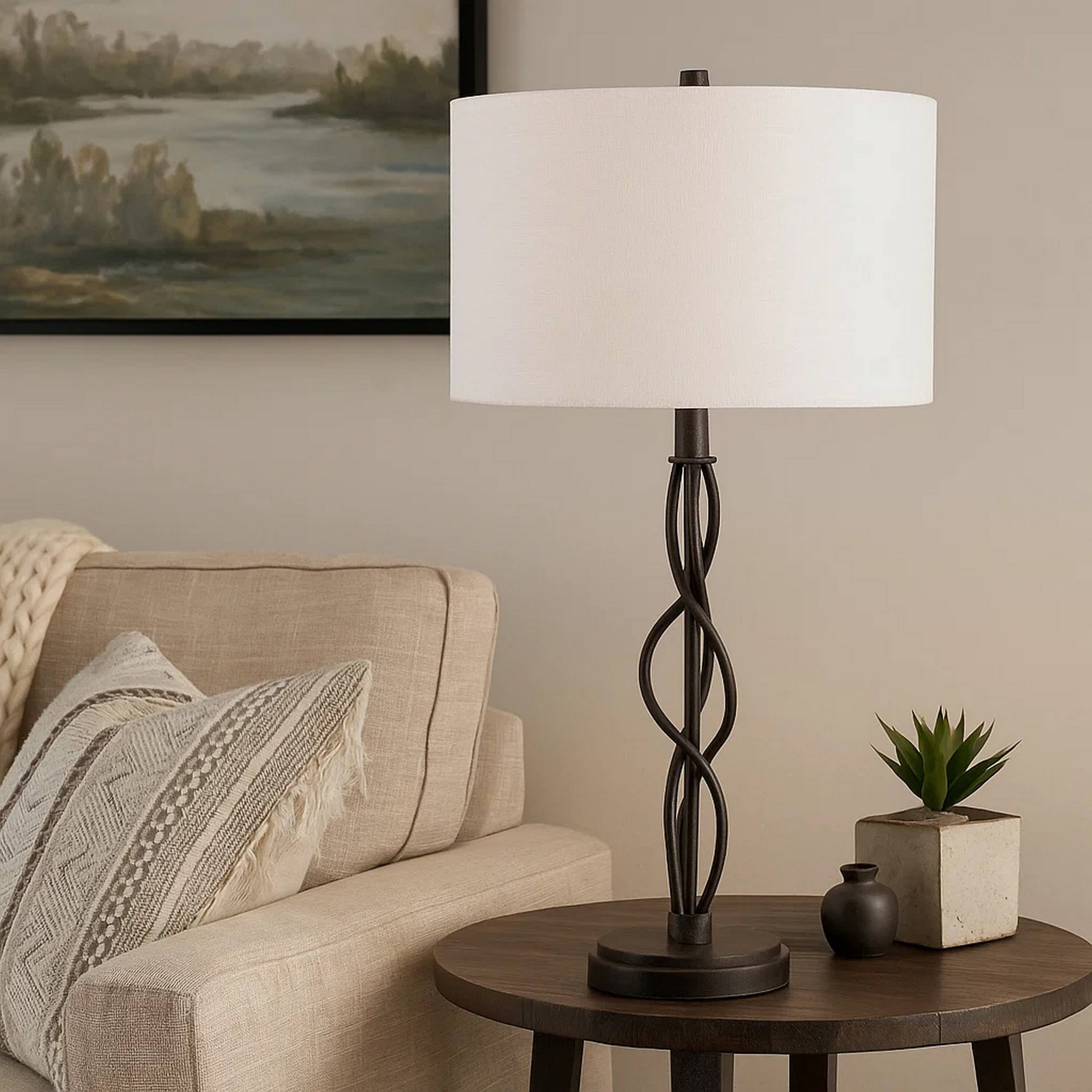 Alt View 2. Manhattan Lane - Round Fabric Shade Table Lamp, Metal Spiral Base - White and Bronze.