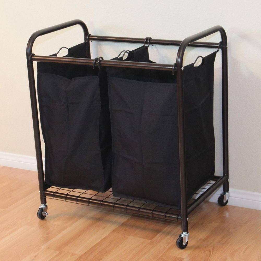 Left. Hivvago - Bronze Laundry Hamper Cart with 2 Black Sorter Bags - Black.