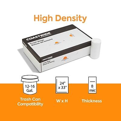High Density COASTWIDE Bags Trash Bags de Bolsas  
Trash Can Compatibility: 12-16 Gal.  
Dimensions: 24" x 33"  
Thickness: 8 mic