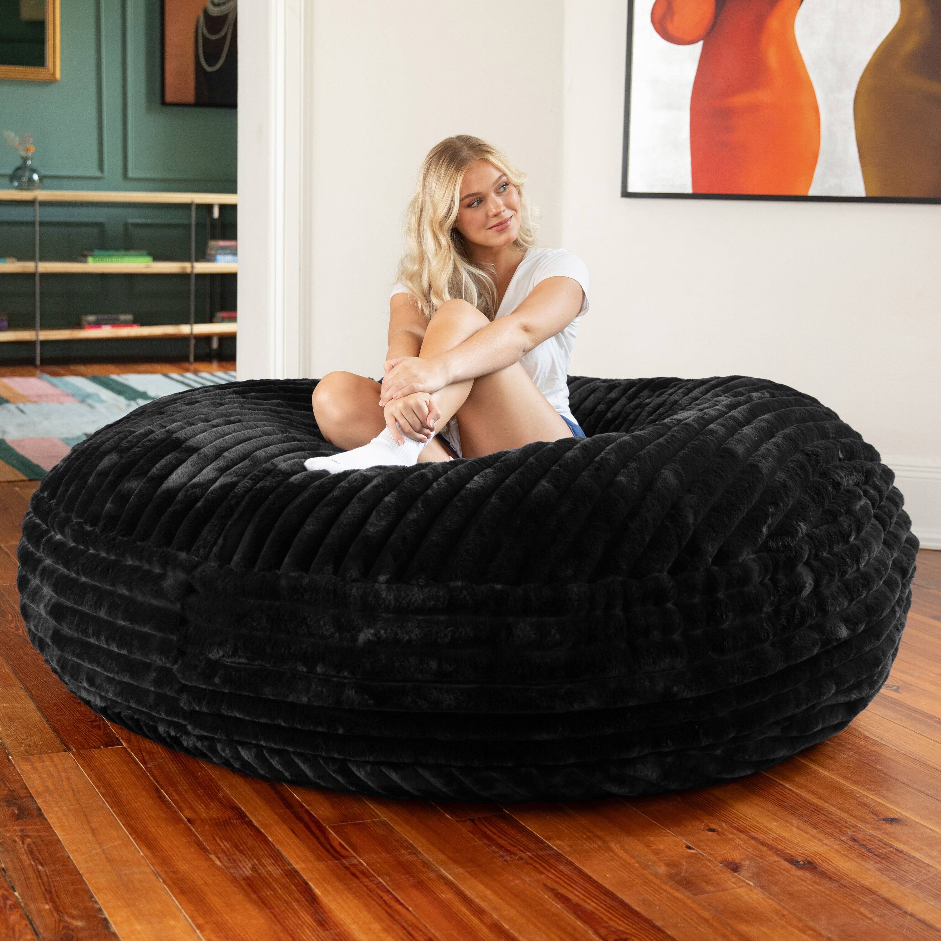 Angle. Jaxx - Jaxx 6 Foot Cocoon - Large Bean Bag Chair for Adults, Premium Luxe Faux Fur - Mondo Black - Mondo Black Faux Fur.