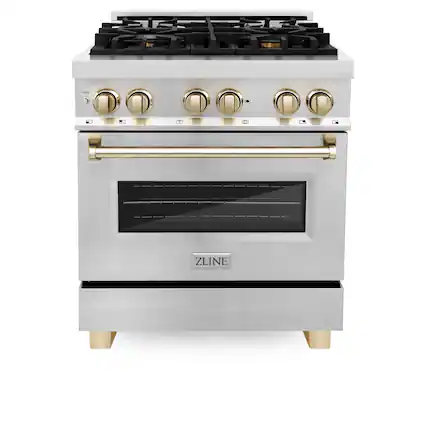 Front. ZLINE - Autograph 30" Legacy Dual Fuel Range w/ 4 Burners & Polished Gold Accents (RAZ-30-G) - Stainless Steel/Polished Gold Accents.