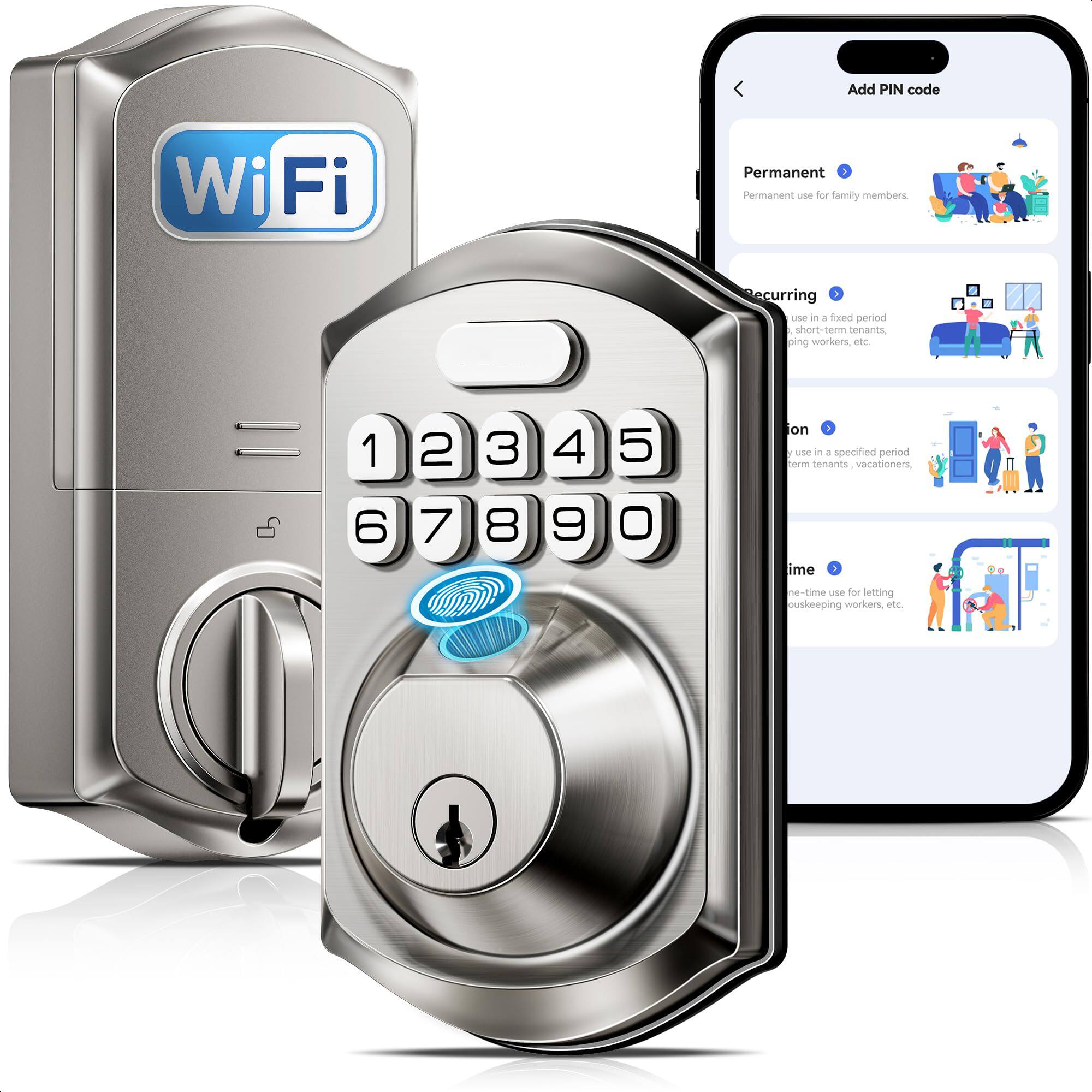 Add PIN code Wi-Fi
Permanent
Permanent use for family members
Recurring
Use in a fixed period, short-term tenants, long-term workers, etc.
One-time
Use in a specified period, short-term tenants, vacationers
Time
One-time use for letting, housekeeping workers, etc.