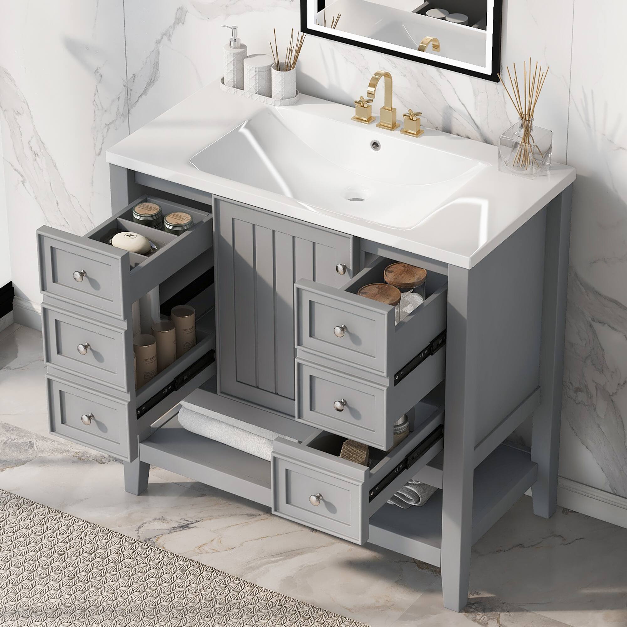 Front. Tiramisubest - 36" Bathroom Vanity with Sink, One Cabinet and Three Drawers, Solid Wood and MDF Board, Grey (Old Sku:SY999505AAE-6) - Grey.