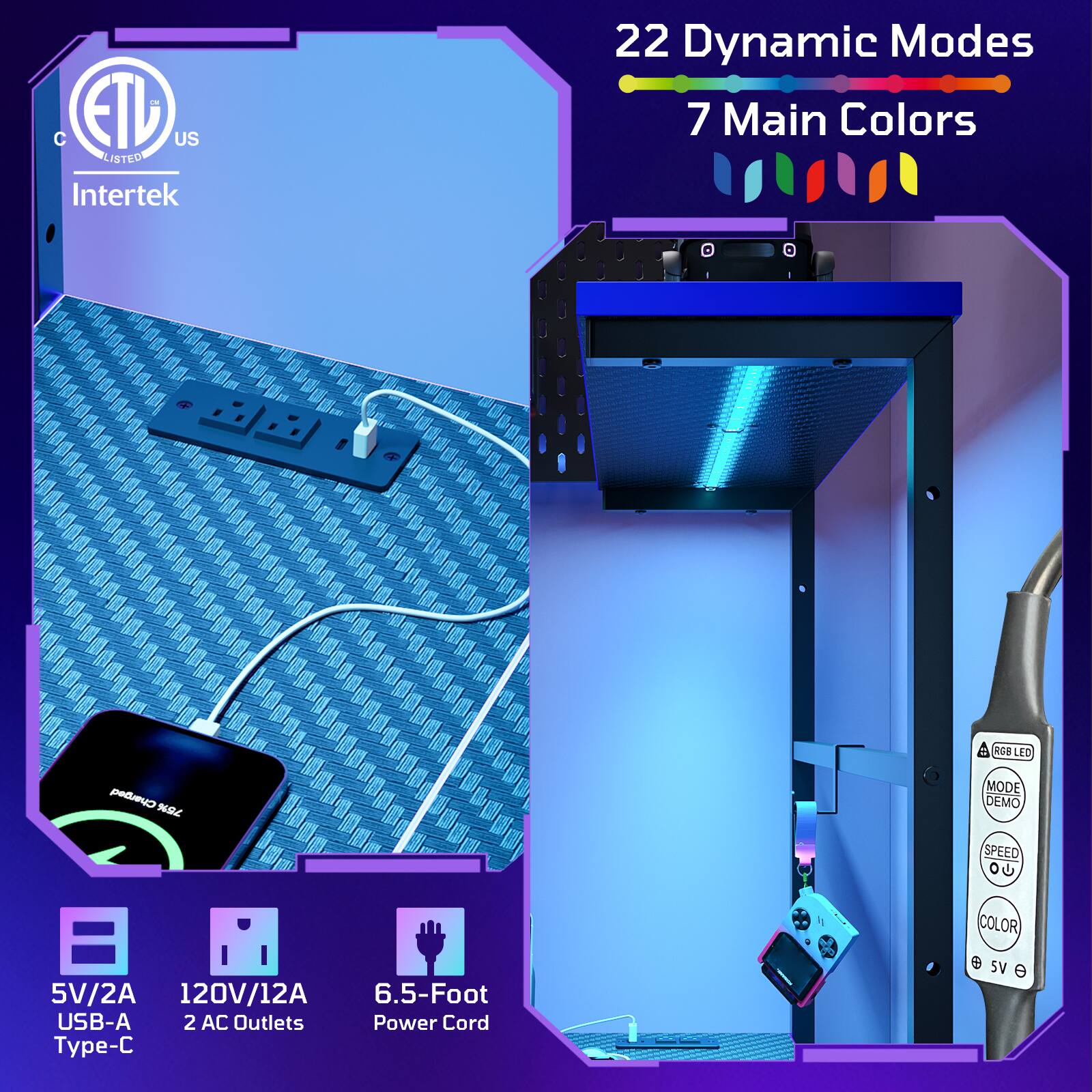 - C ETL US LISTED Intertek
- 22 Dynamic Modes
- 7 Main Colors
- ACO LEO Charged
- 75% MODE DEMO
- SPEED
- COLOR
- 5V/2A
- 120V/12A
- 6.5-Foot USB-A 2 AC Outlets
- Power Cord Type-C