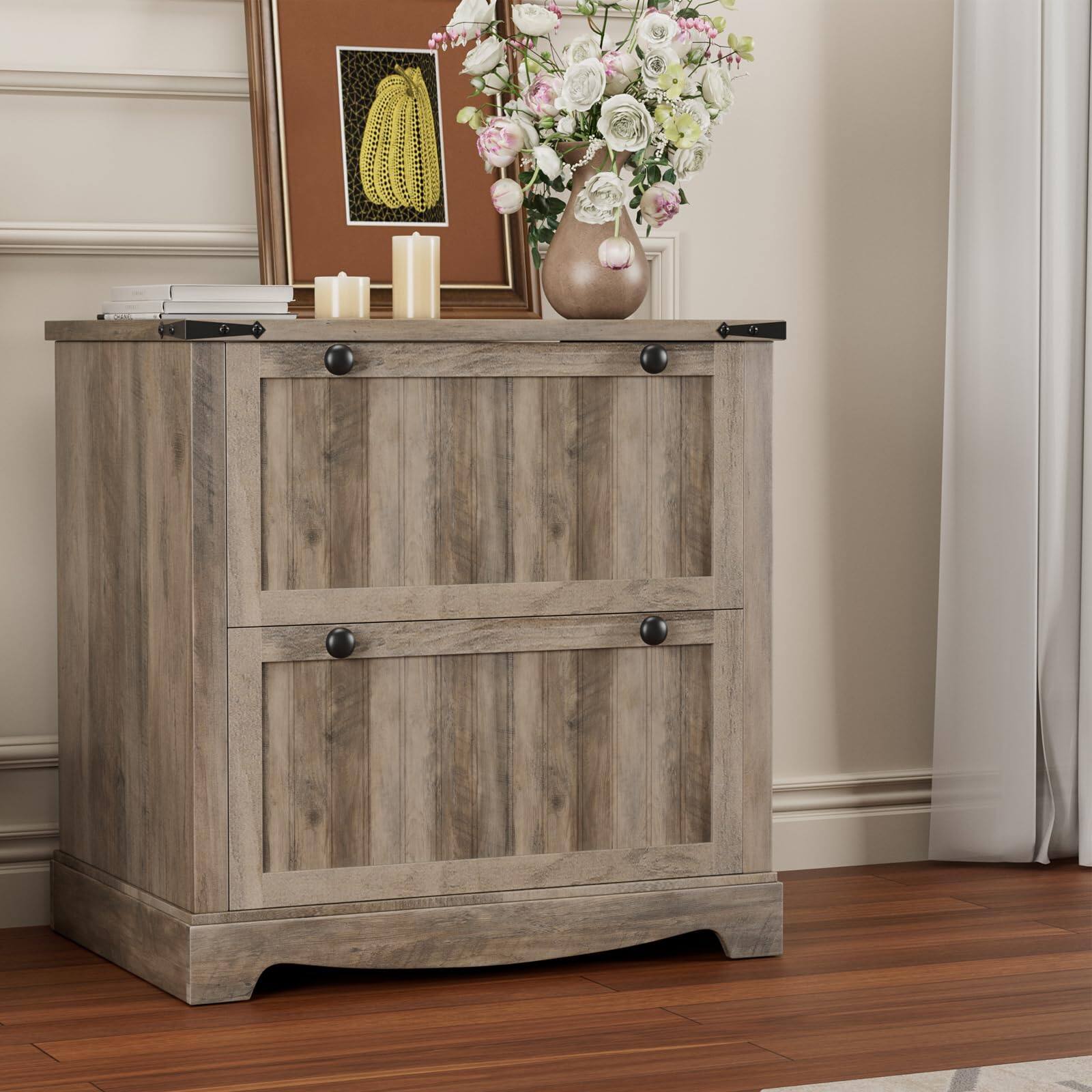 Alt View 1. Jojoka - 30" Farmhouse 2-Drawer File Cabinet, Rustic Wood Storage with Hanging Rods for A4/Letter/Legal Files - Gray.