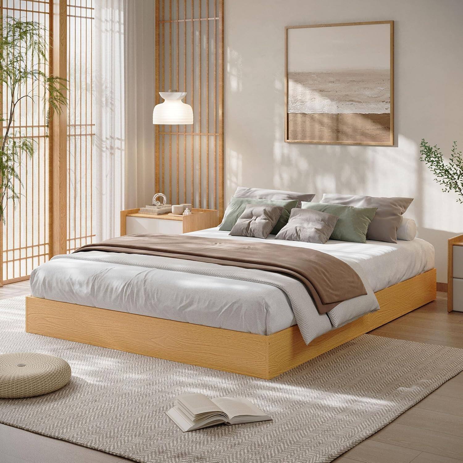 Front. Homhougo - Queen Solid Wood Platform Bed, Floor-Standing, Sturdy Slats, Minimalist, No Box Spring, Pine, Easy Assembly - Pine Wood.