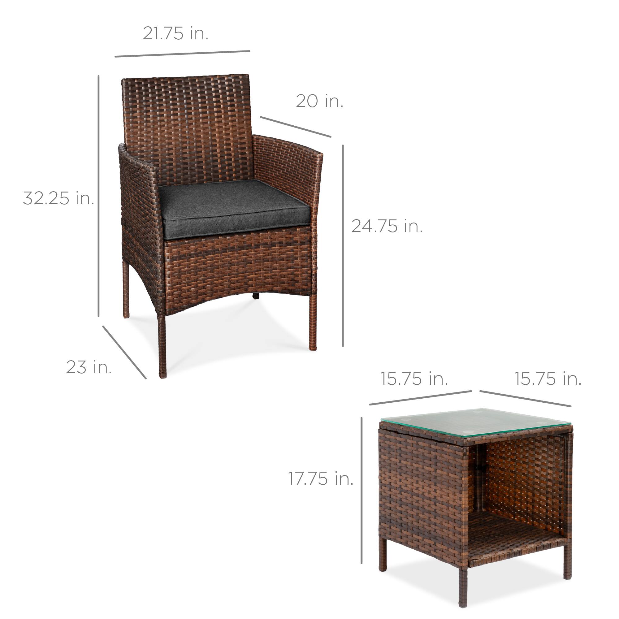 - Chair:
  - Height: 32.25 in.
  - Width: 21.75 in.
  - Depth: 24.75 in.
  - Seat Height: 17.75 in.
  - Armrest Height: 20 in.
  - Seat Depth: 23 in.

- Table:
  - Height: 15.75 in.
  - Width: 15.75 in.