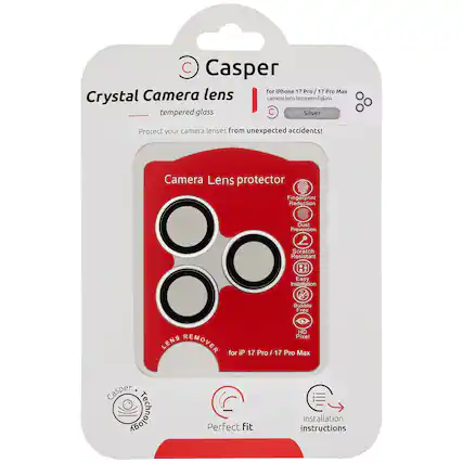 Casper
Crystal Camera lens
tempered glass
Protect your camera lenses from unexpected accidents!
For iPhone 17 Pro / 17 Pro Max
camera lens tempered glass
Silver
Camera Lens protector
Fingerprint Reduction
Dust Prevention
Scratch Resistant
Easy Installation
Bubble Free
HD Pixel
Perfect fit
Installation instructions
LENS REMOVER
for iPhone 17 Pro / 17 Pro Max
Casper Technology