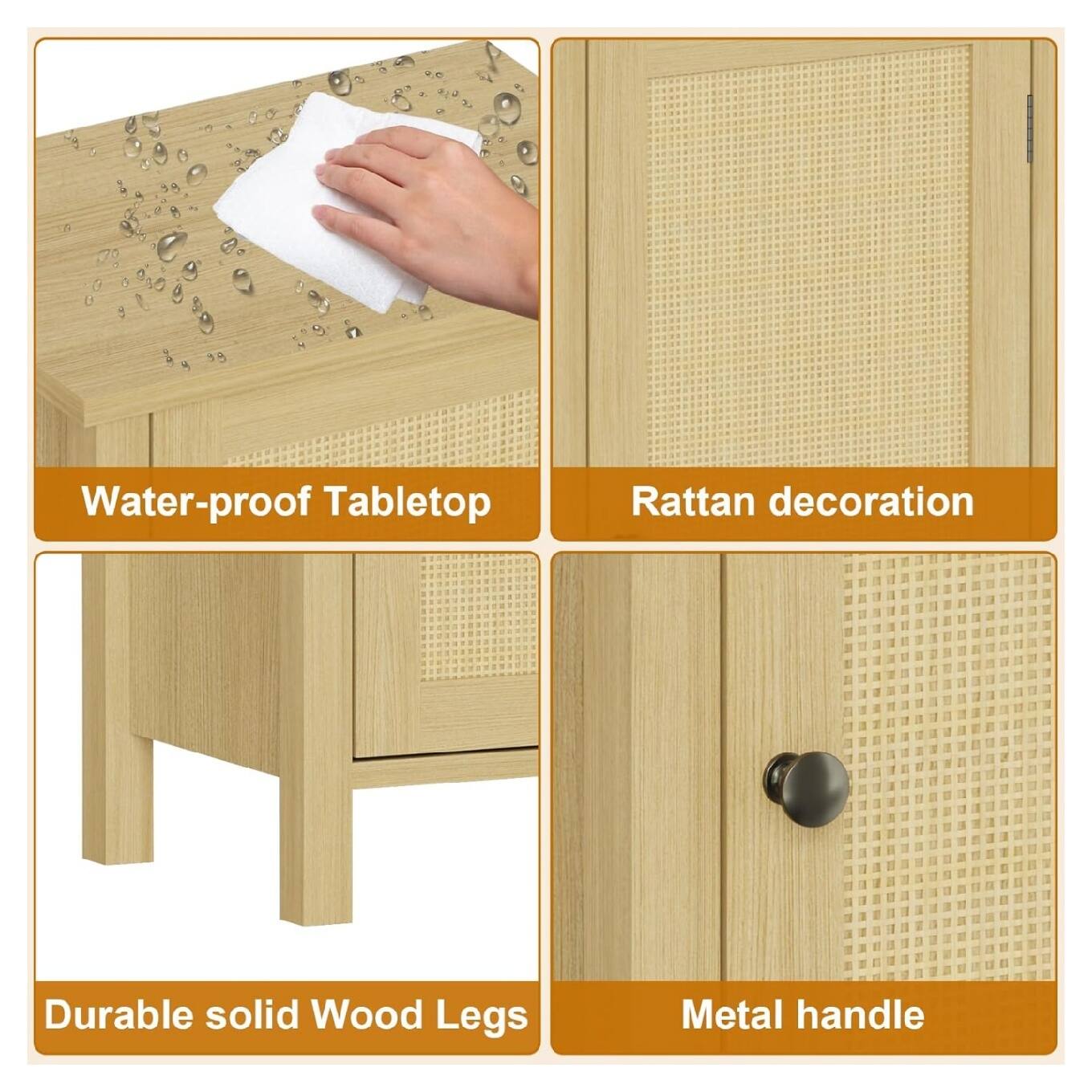 - Water-proof Tabletop
- Rattan decoration
- Durable solid Wood Legs
- Metal handle