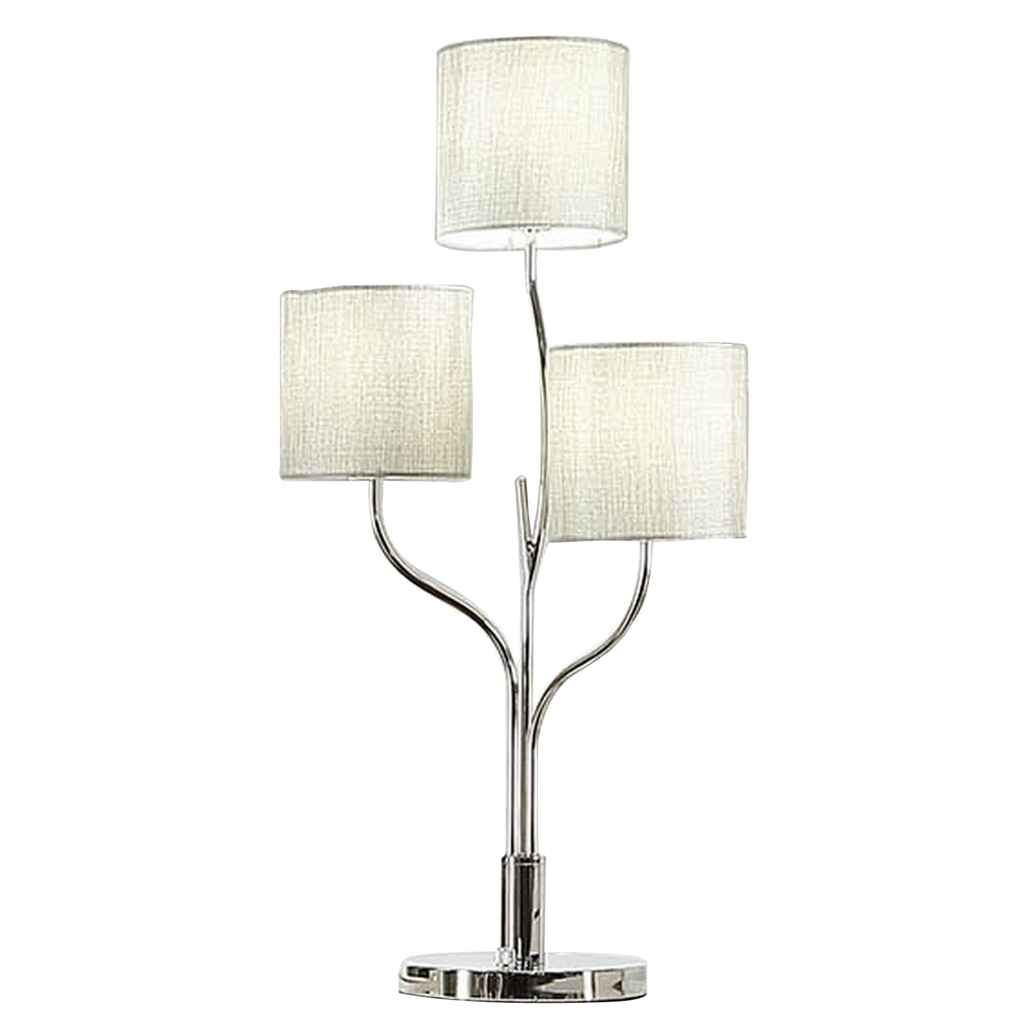 Front. Manhattan Lane - Indi 30 Inch Table Lamp, 3 Drum Fabric Shade, Round Metal Base - Nickel, Silver, White.