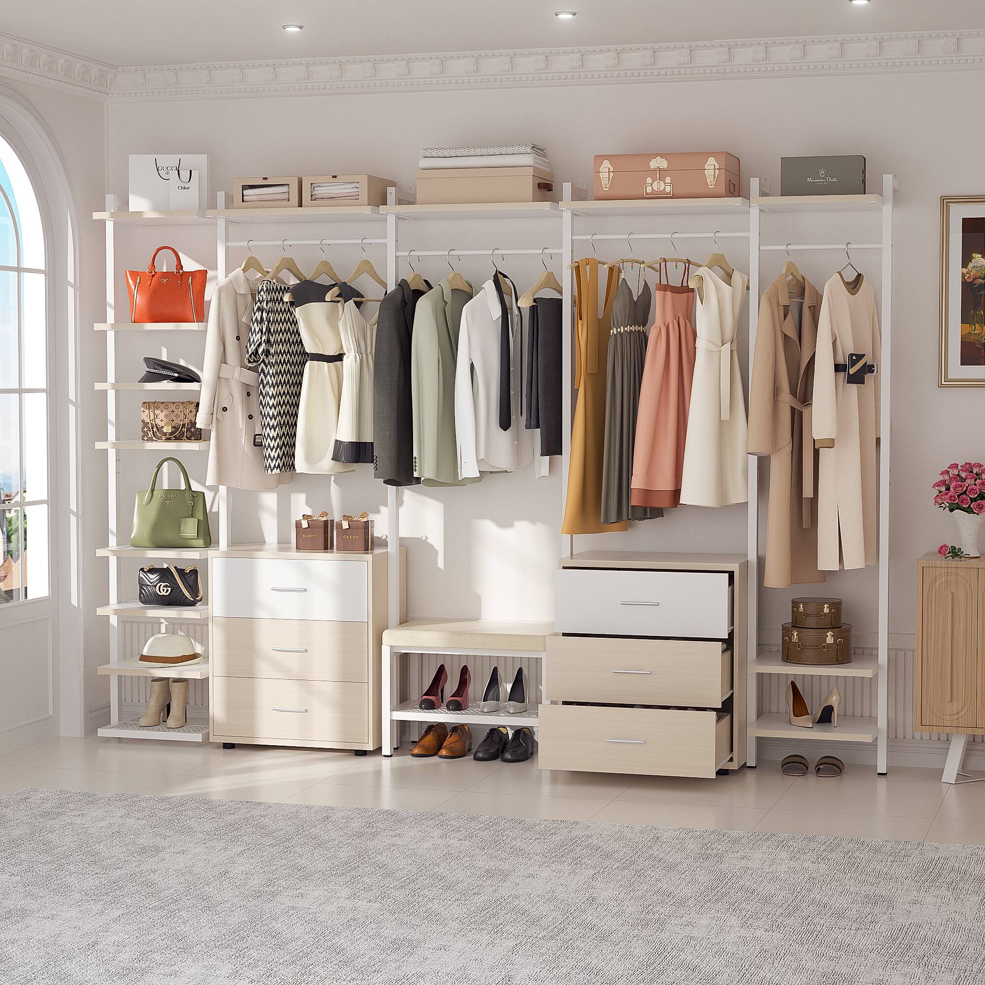 Alt View 1. Aheaplus - 8FT Wood Closet Organizer with 6 Drawers and Hanging Rack for Bedroom Storage - White Oak.