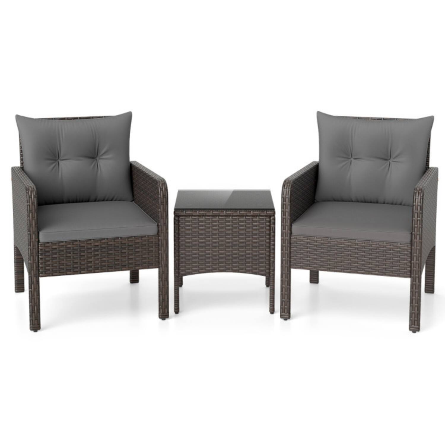 Alt View 3. Mondawe - Compact Freestanding Patio PE Wicker Set with Cushions 2 Chairs & Table 3-Piece - Mix Brown+Gray.