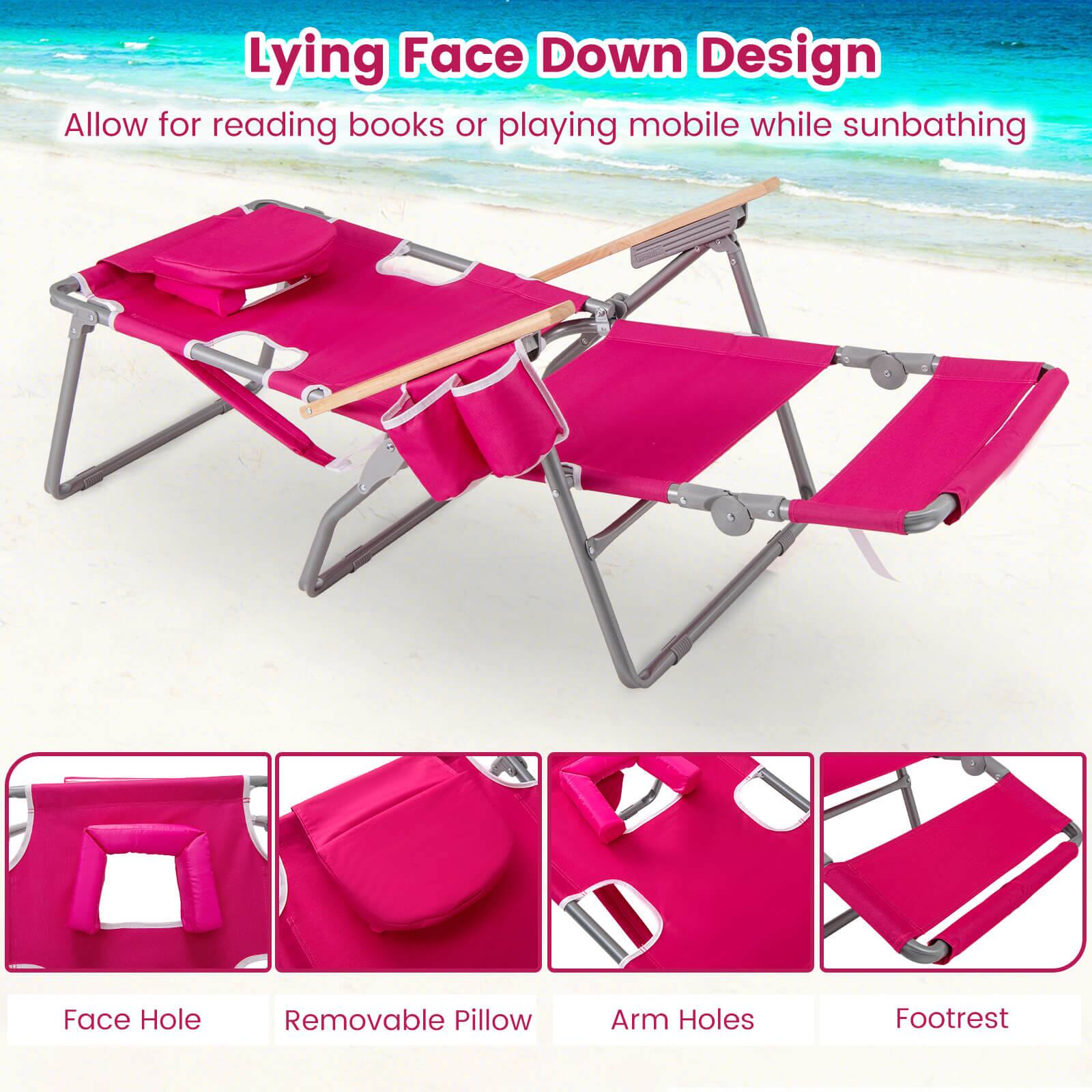 Lying Face Down Design  
Allow for reading books or playing mobile while sunbathing  

Face Hole  
Removable Pillow  
Arm Holes  
Footrest