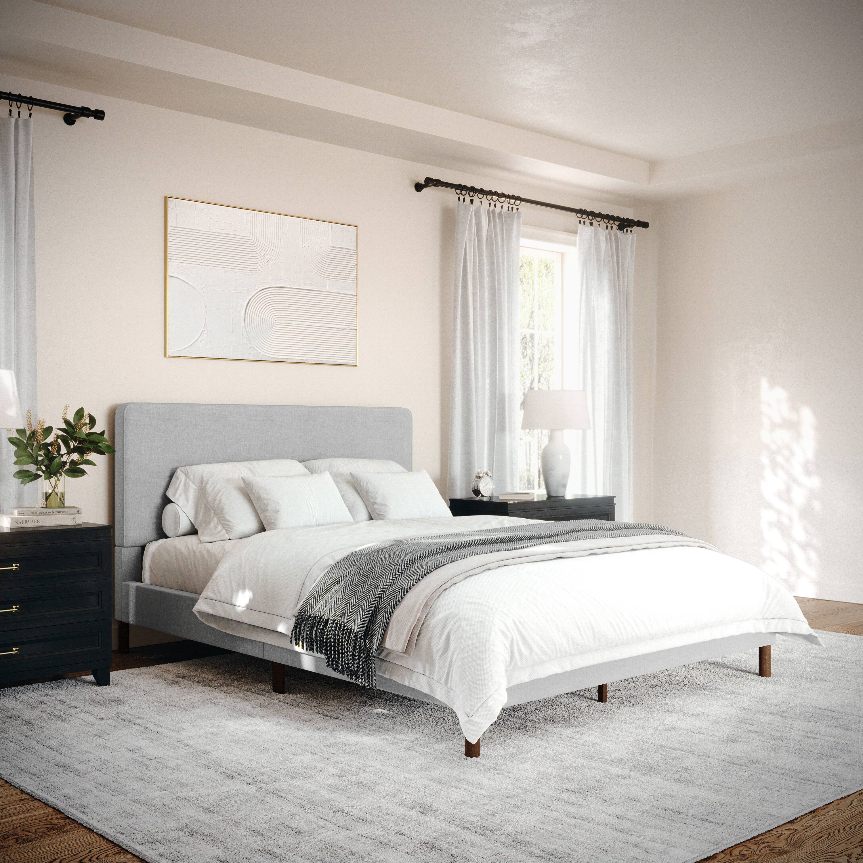 Alt View 14. Martha Stewart - Britta Faux Linen Upholstered Queen Size Platform Bed with Piped Headboard - Gray Fabric/Walnut Legs.