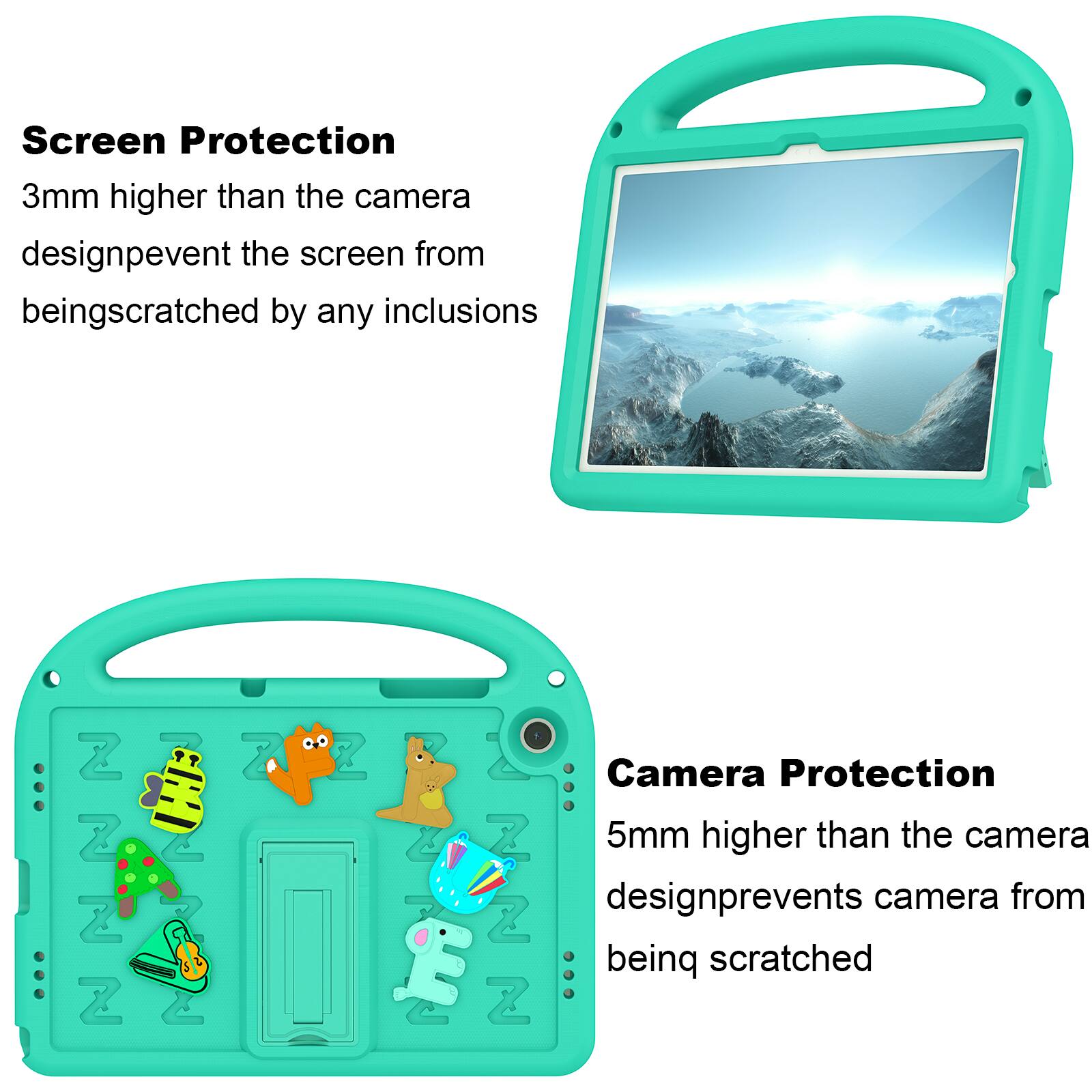 Screen Protection  
3mm higher than the camera design prevents the screen from being scratched by any inclusions

Camera Protection  
5mm higher than the camera design prevents the camera from being scratched