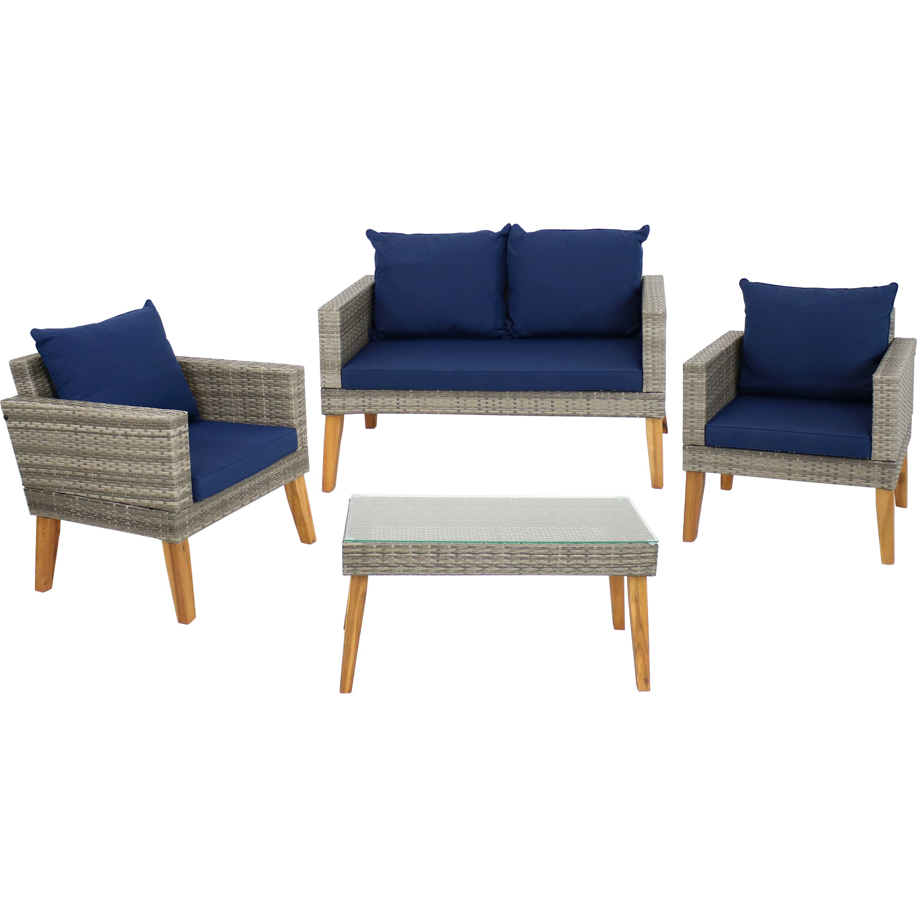 Front. Sunnydaze - Clifdon Rattan and Acacia 4-Piece Patio Conversation Set - Grey.