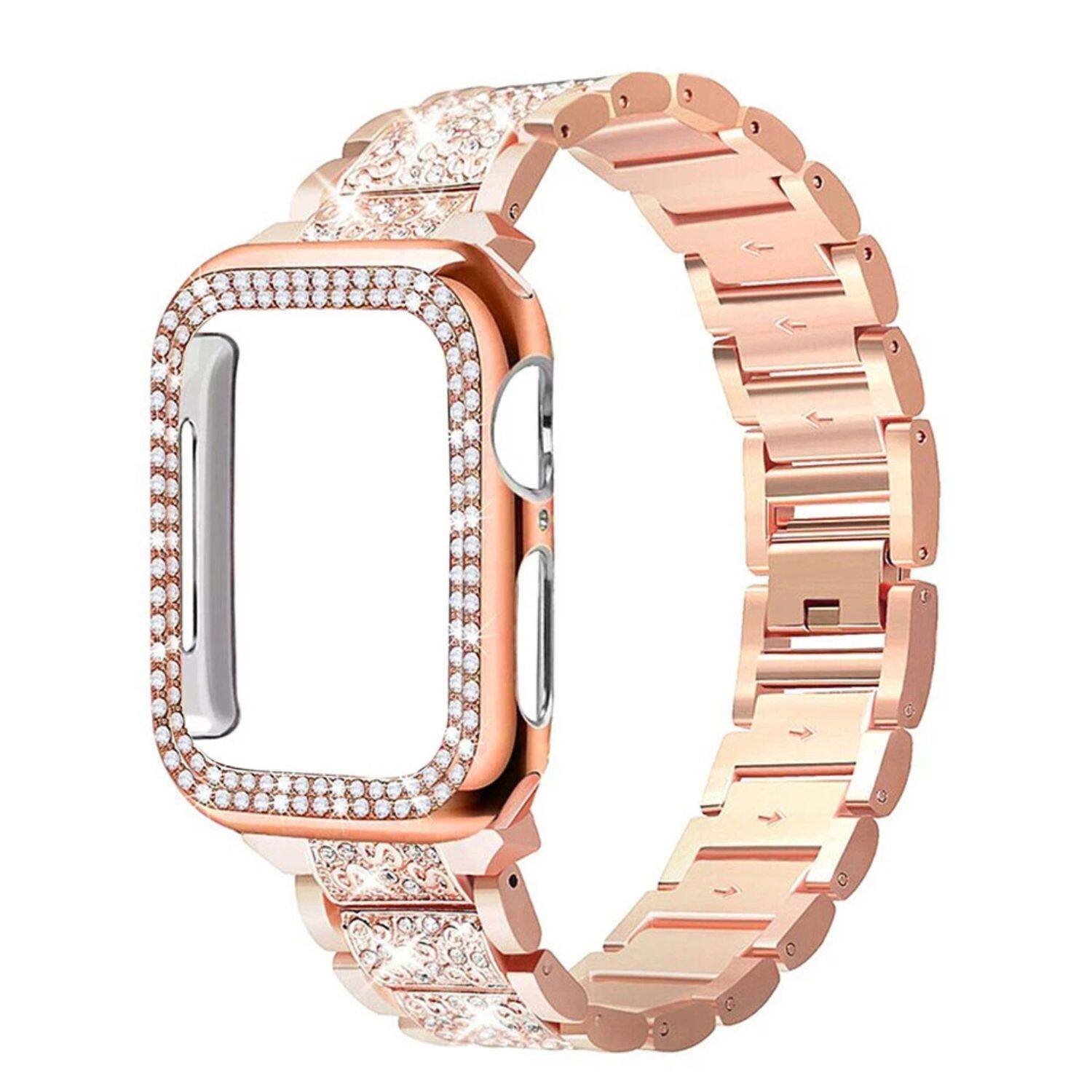Stock Preferred - 44mm Diamond Glitter iWatch Band with Rhinestone Case Luxury Stainless Steel Bracelet for Apple Watch Series SE 6 5 4 3 - Rose Gold