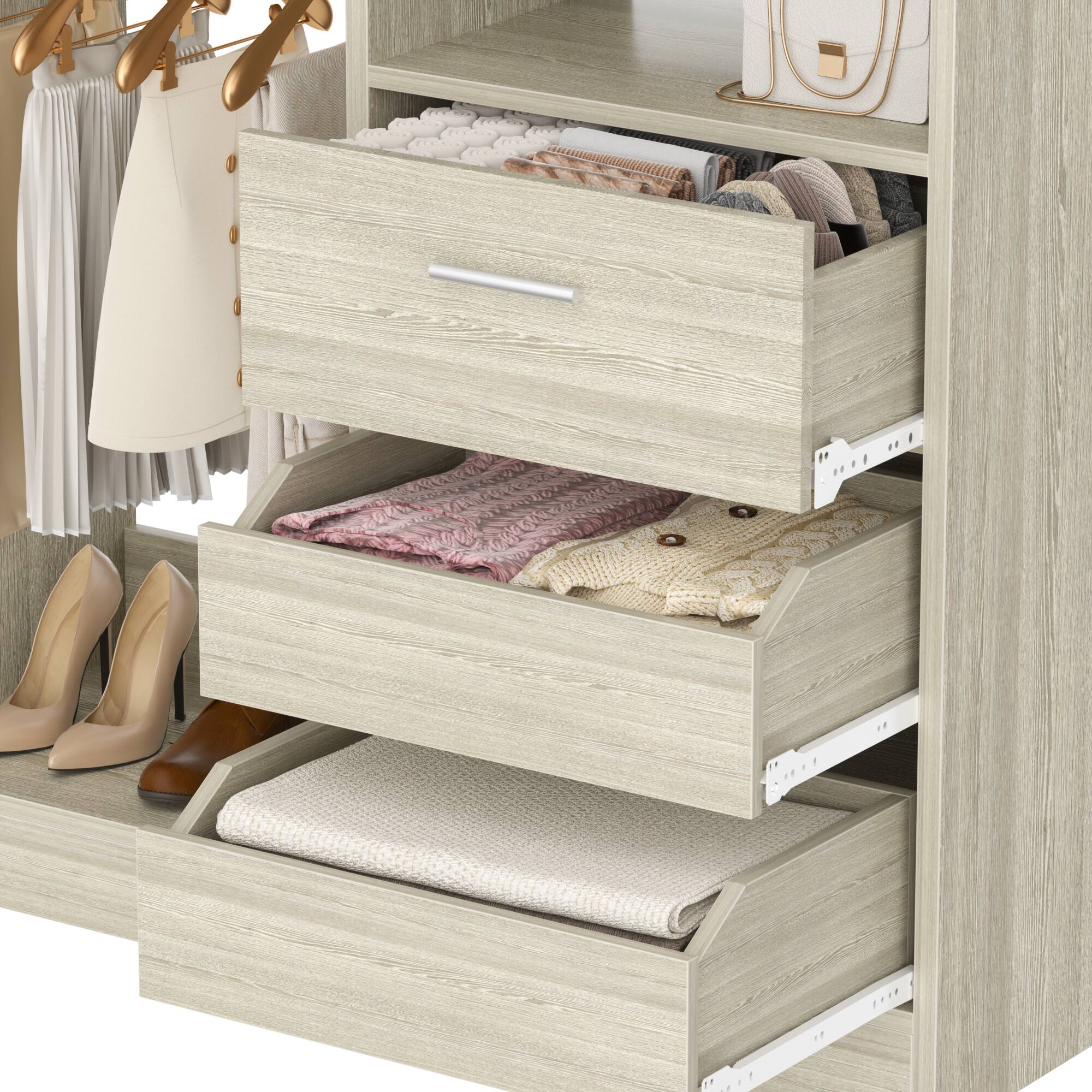 Alt View 1. Aheaplus - 36" Freestanding Closet Organizer with 3 Drawers, 2 Hanging Rods & Shoe Storage - White Oak.