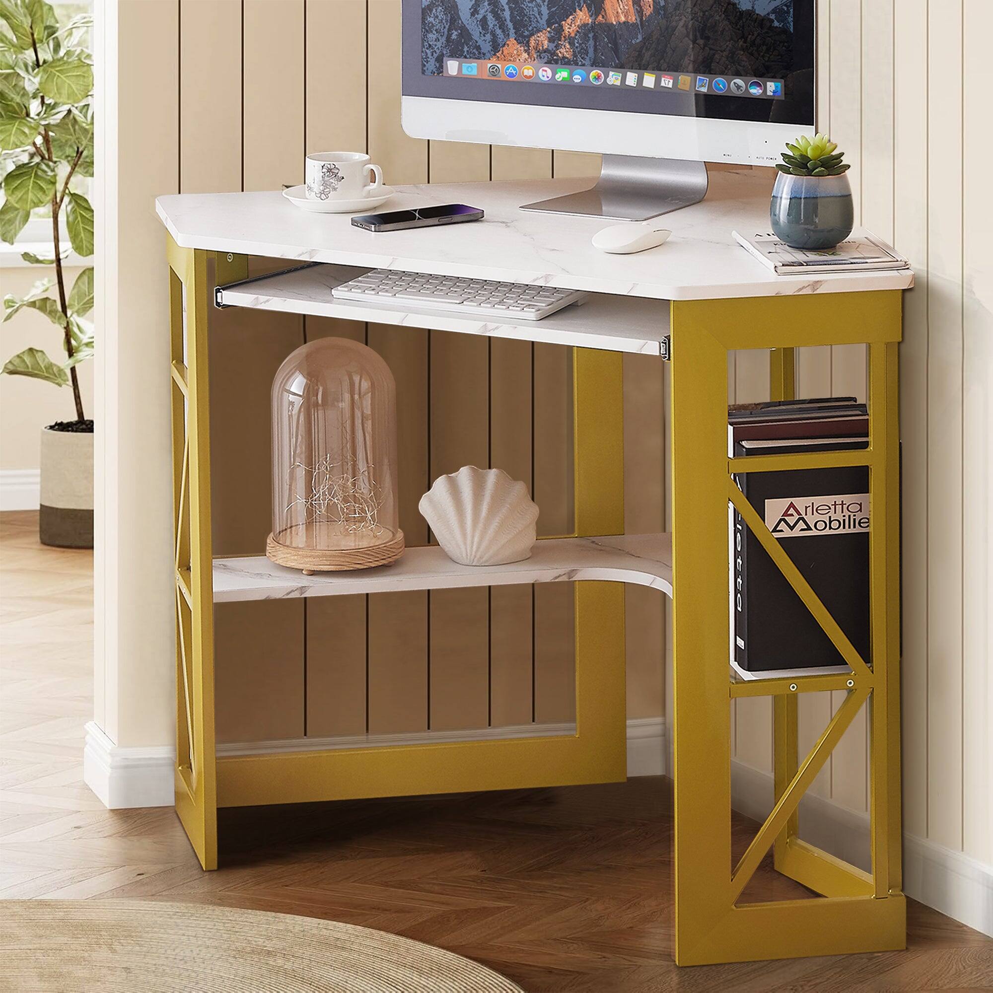 Vecelo - 41" Corner Computer Desk with Keyboard Tray & Storage Shelf - Triangle Space Saving Design, Metal Frame for Home Office - Gold