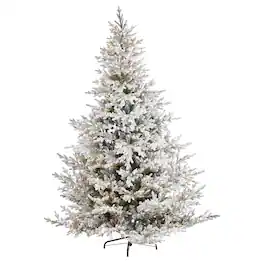 BreeBe - 8’ Flocked Fraser Fir Xmas Tree w/800 Lights and 4892 Tips - White, Green