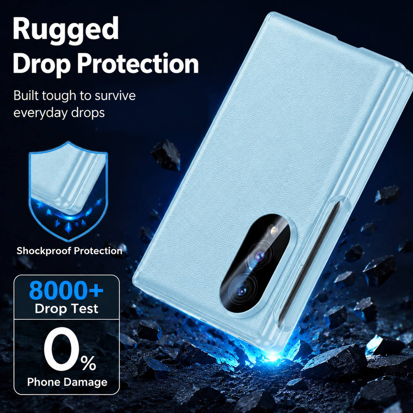 Rugged Drop Protection  
Built tough to survive everyday drops  

Shockproof Protection  

8000+ Drop Test  
0% Phone Damage