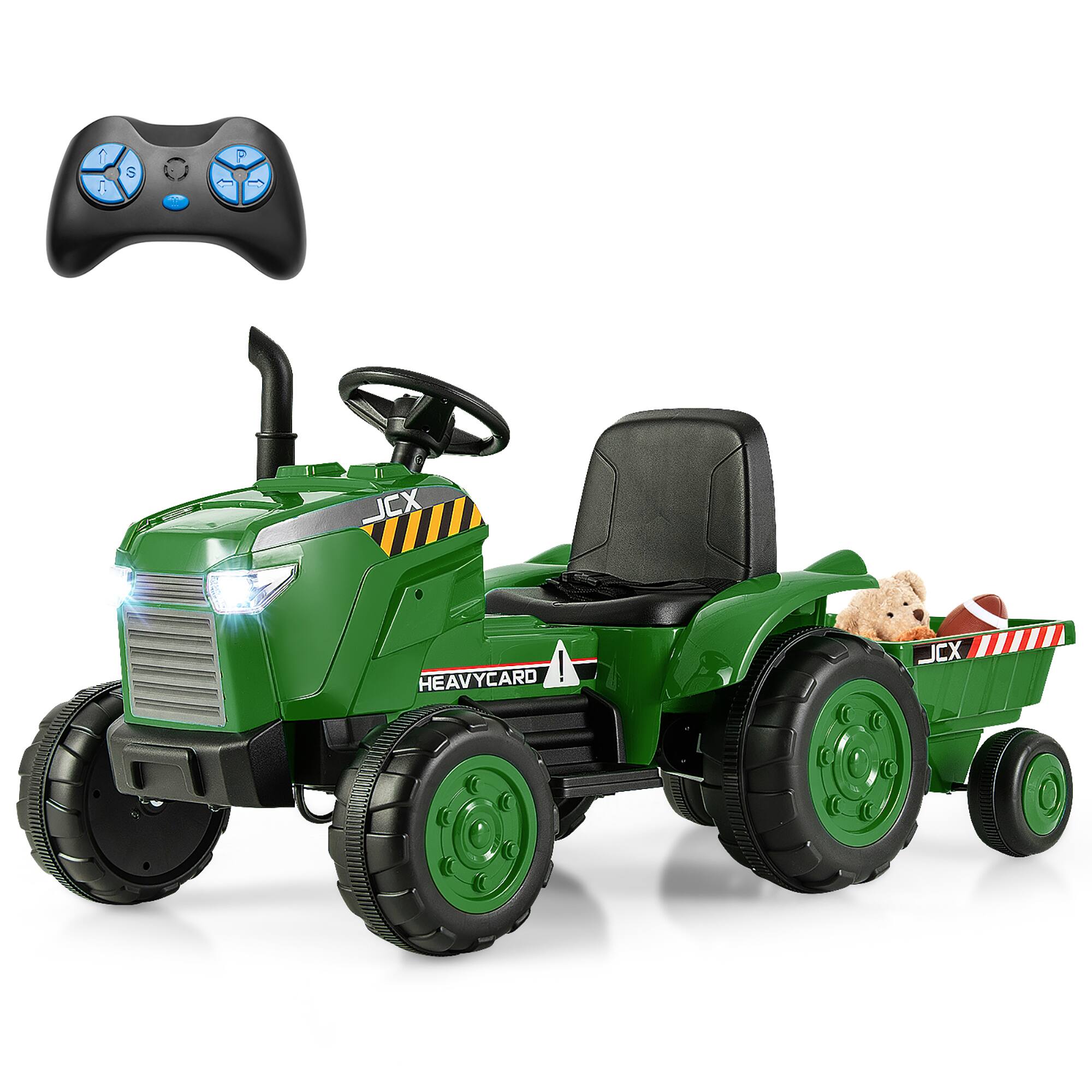 Gymax - 2-in-1 Electric Toy Car 12V Kids Ride On Tractor w/ Trailer Remote Control Lights - Grayish Green